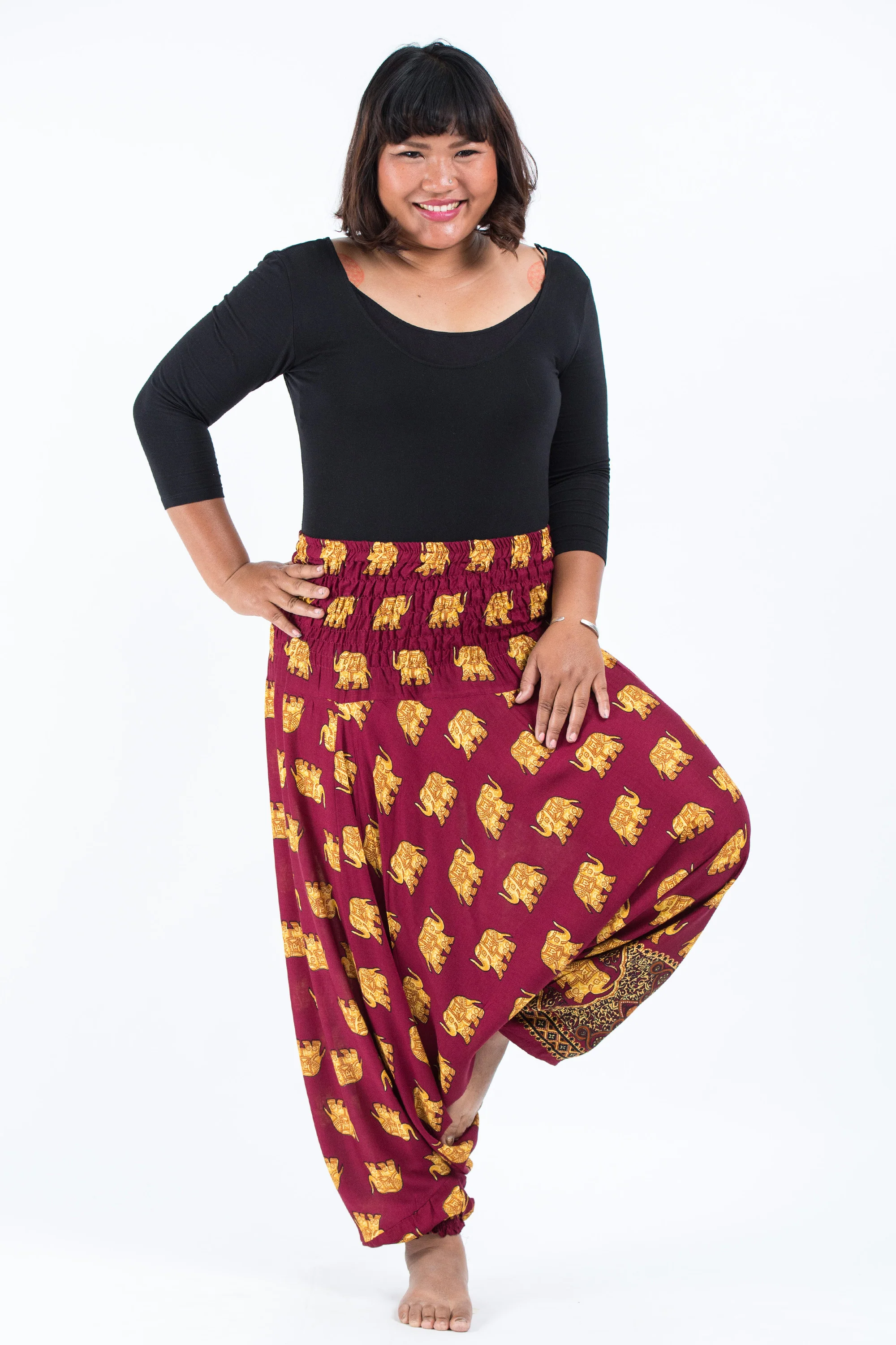 Plus Size Golden Elephant 2-in-1 Jumpsuit Elephant Pants in Maroon