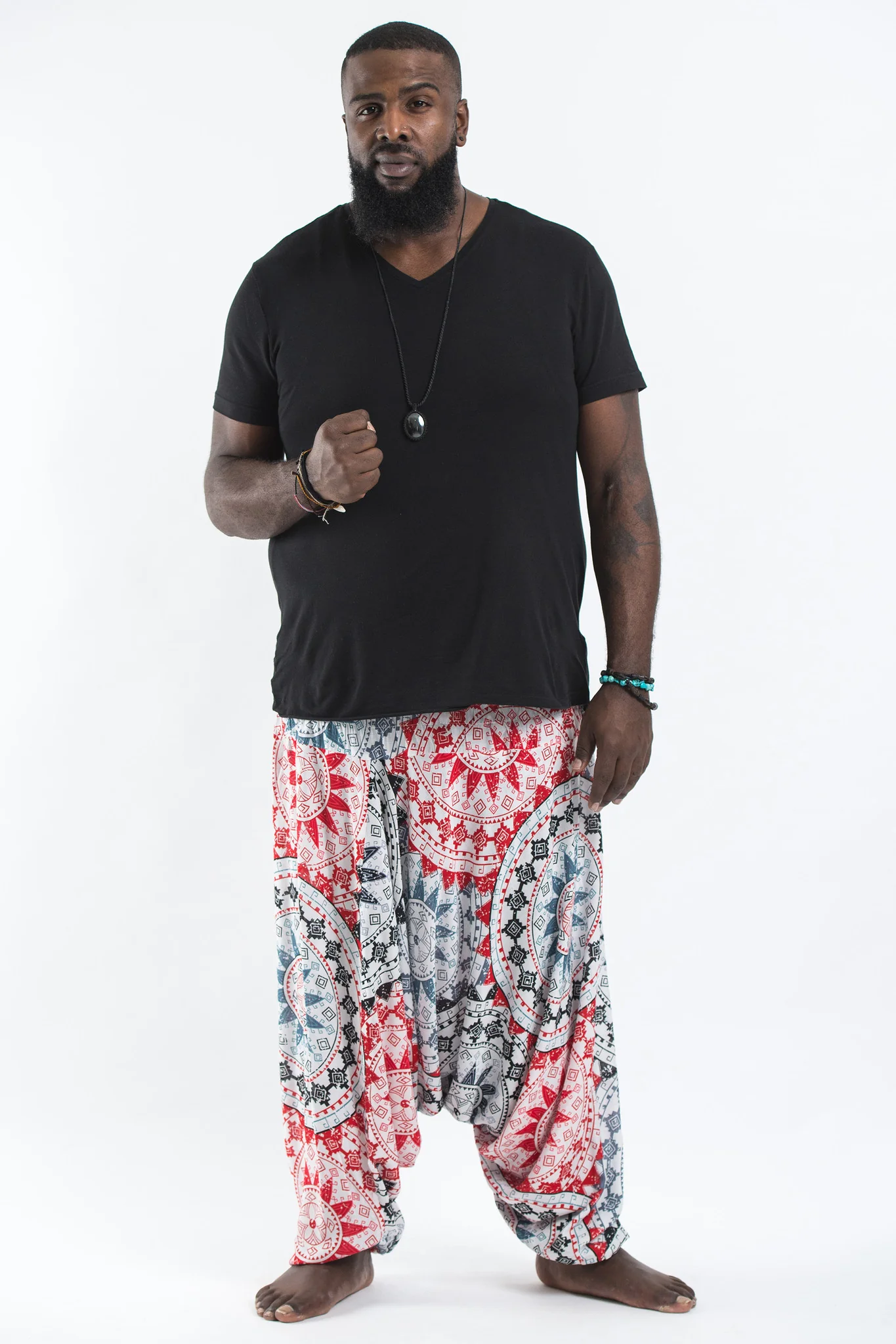 Plus Size Star Mandalas Drop Crotch Men's Harem Pants in Black Red