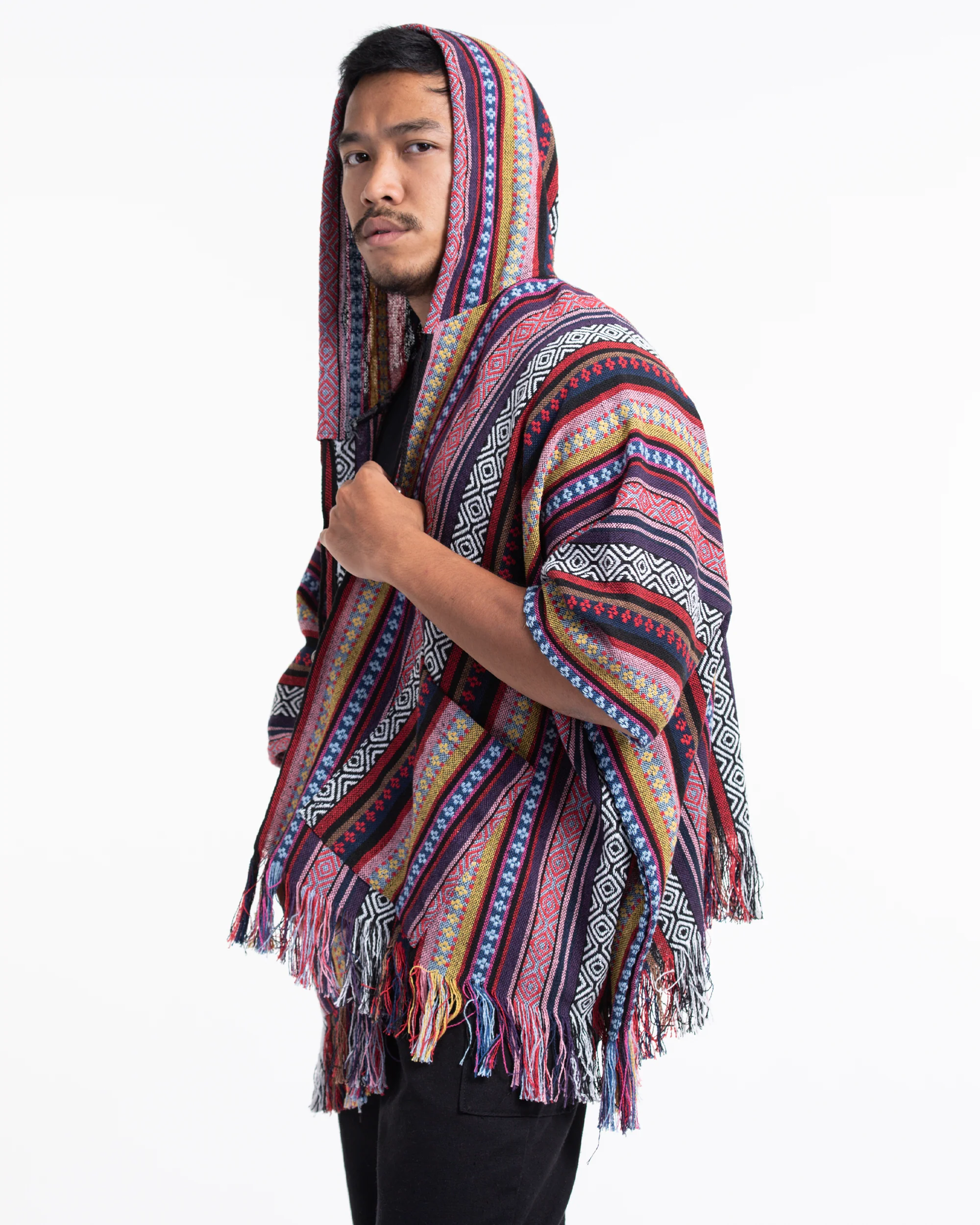 2820-Hill-Tribe-Cotton-Hooded-Poncho-Jacket-in-Red-Pink-3.webp Hill Tribe Cotton Hooded Poncho Jacket in Red Pink