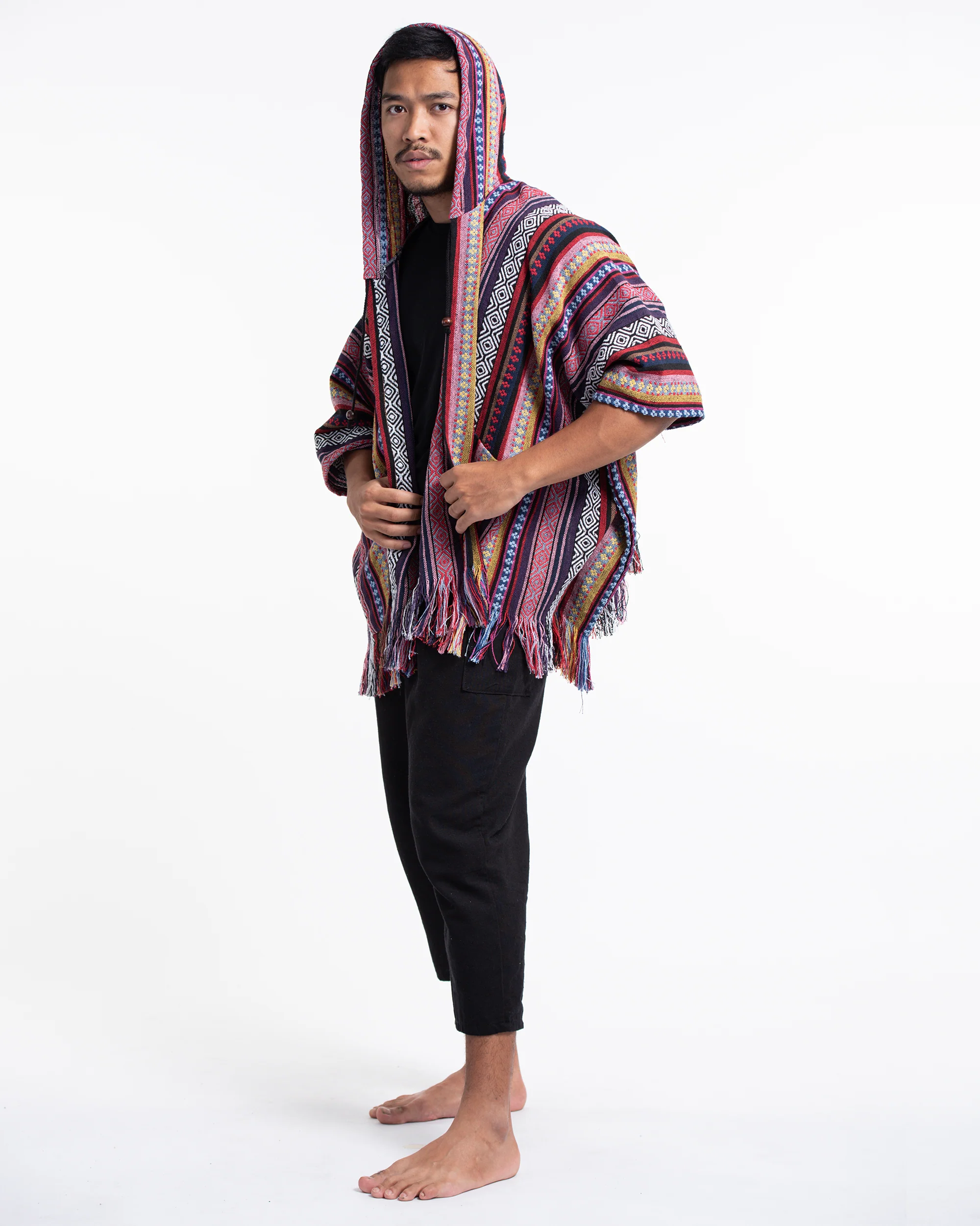 2820-Hill-Tribe-Cotton-Hooded-Poncho-Jacket-in-Red-Pink-5.webp Hill Tribe Cotton Hooded Poncho Jacket in Red Pink