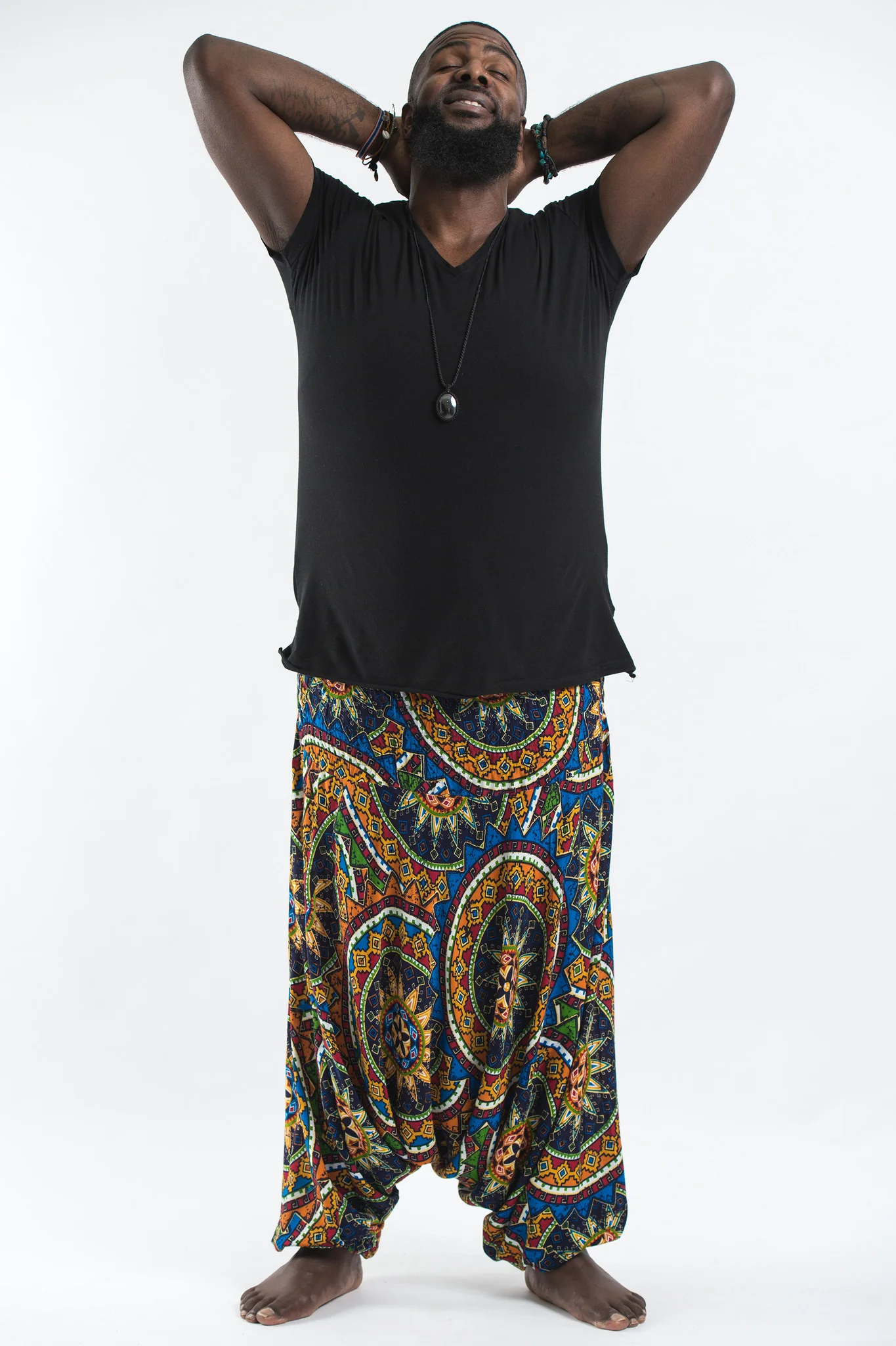 Plus Size Star Mandalas Drop Crotch Men's Harem Pants in Blue