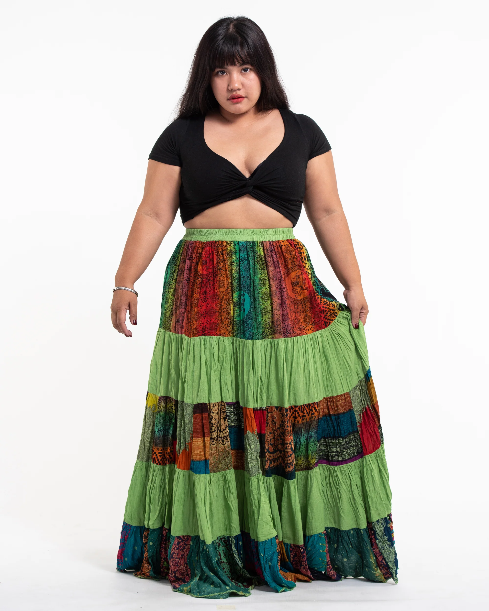 Plus Size Patchwork Long Skirt in Light Green