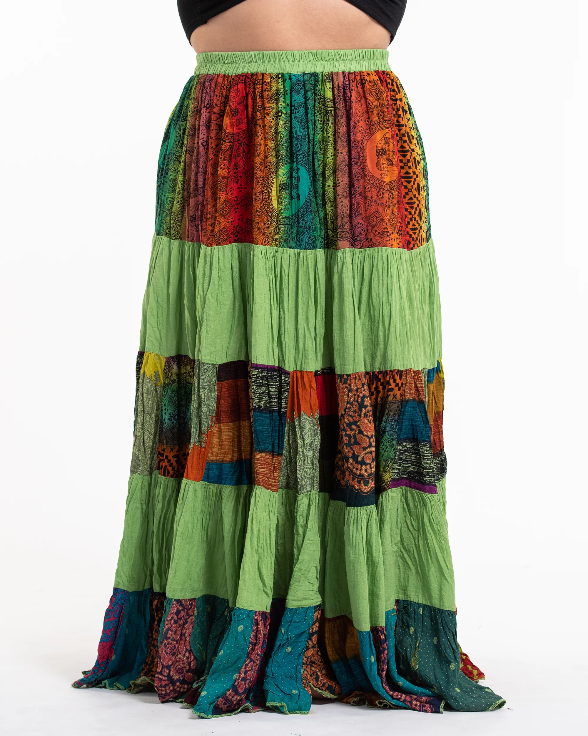 Plus Size Patchwork Long Skirt in Light Green