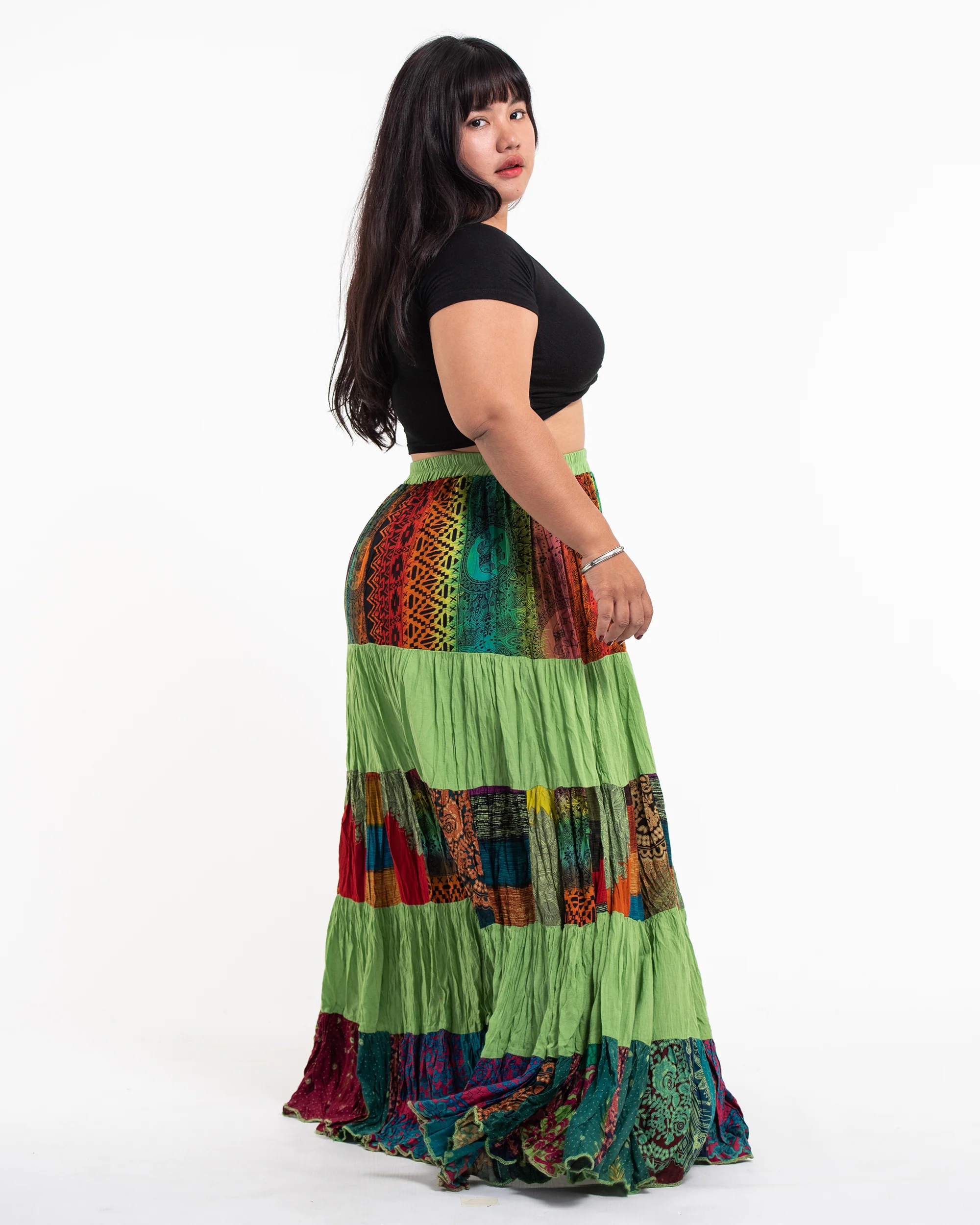 2826-Plus-Size-Patchwork-Long-Skirt-in-Light-Green-3.webp Plus Size Patchwork Long Skirt in Light Green