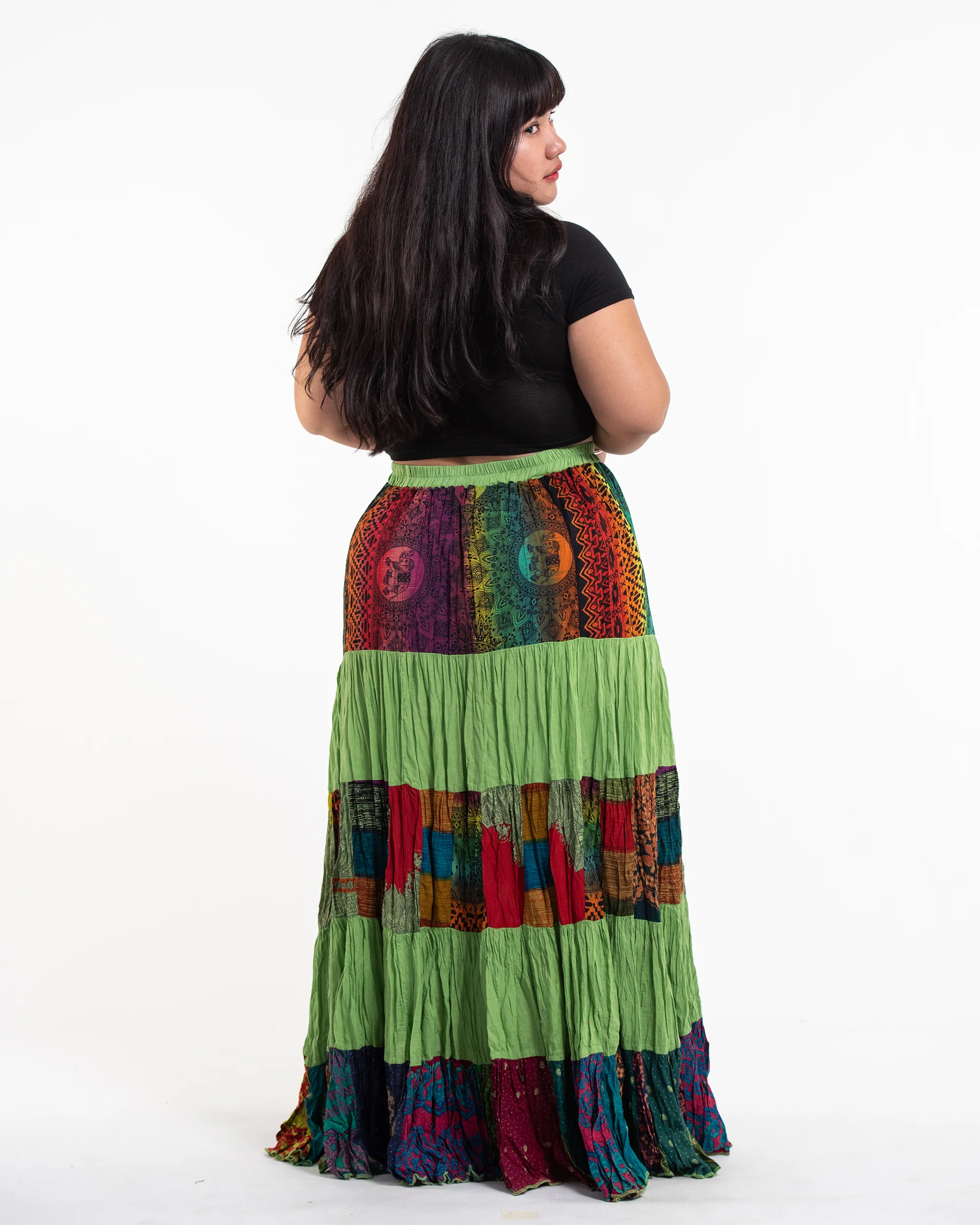 2826-Plus-Size-Patchwork-Long-Skirt-in-Light-Green-4.webp Plus Size Patchwork Long Skirt in Light Green