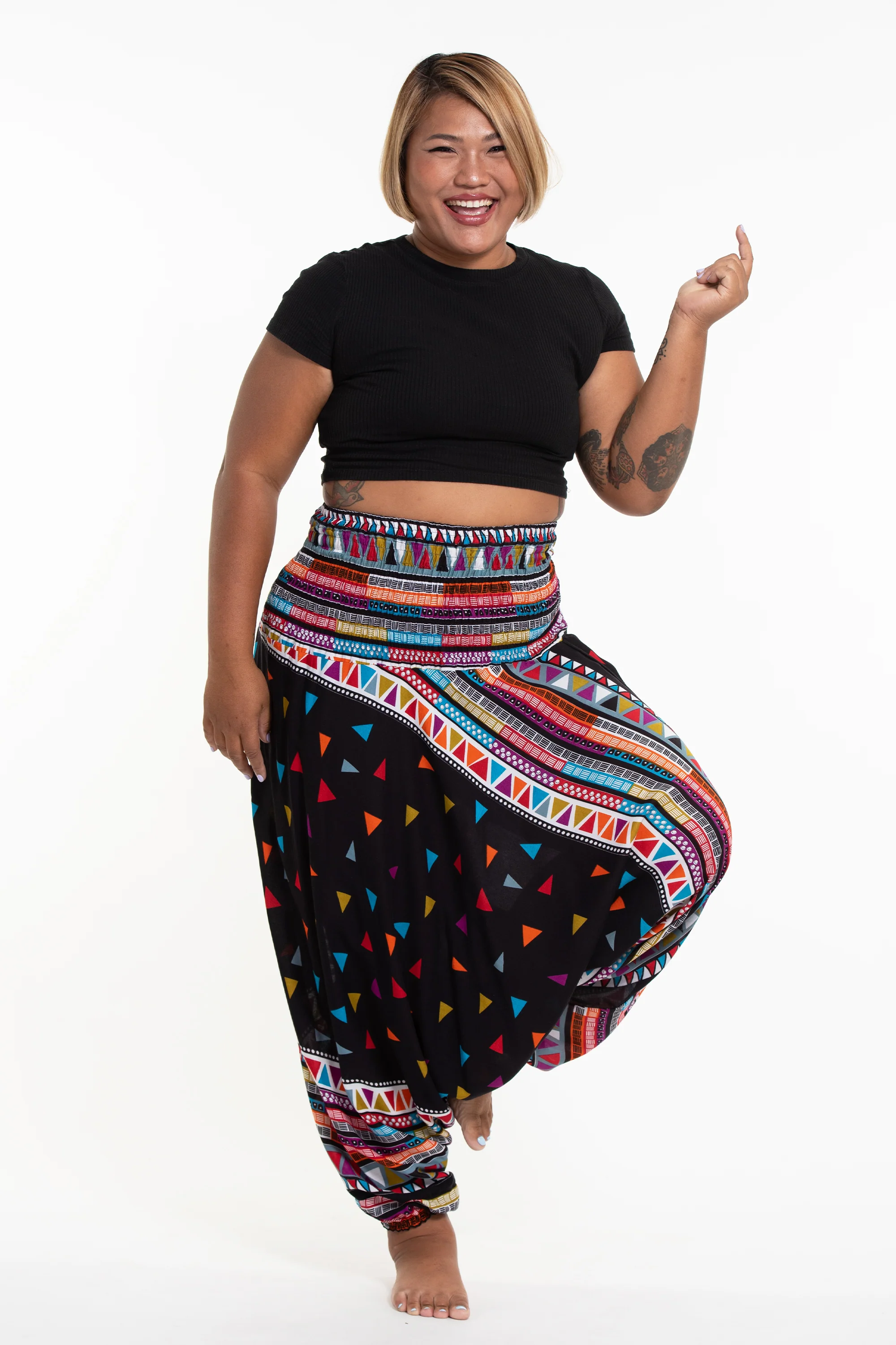 Plus Size Triangles 2-in-1 Jumpsuit Harem Pants in Black