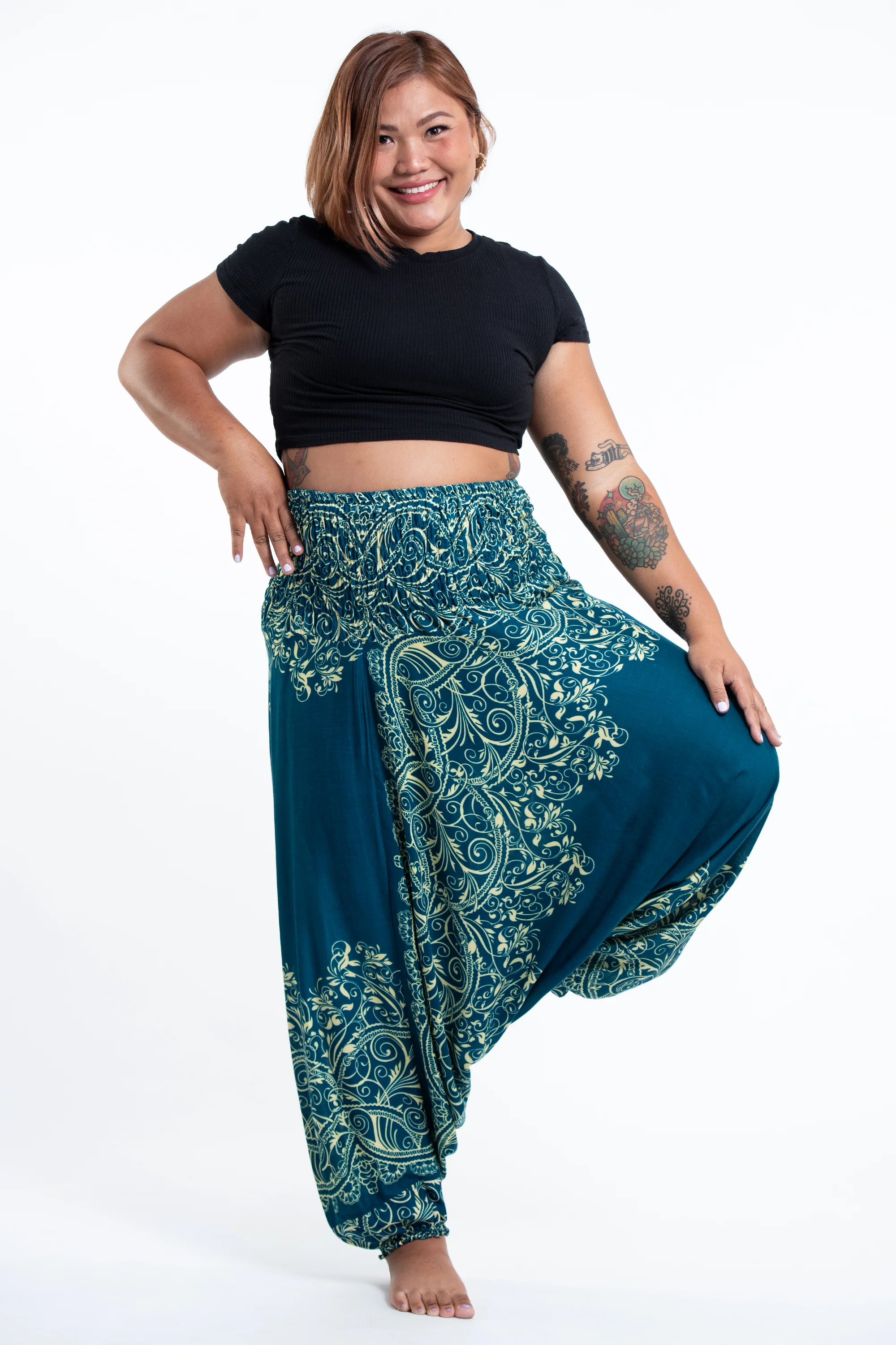 Plus Size Vines 2-in-1 Jumpsuit Harem Pants in Turquoise