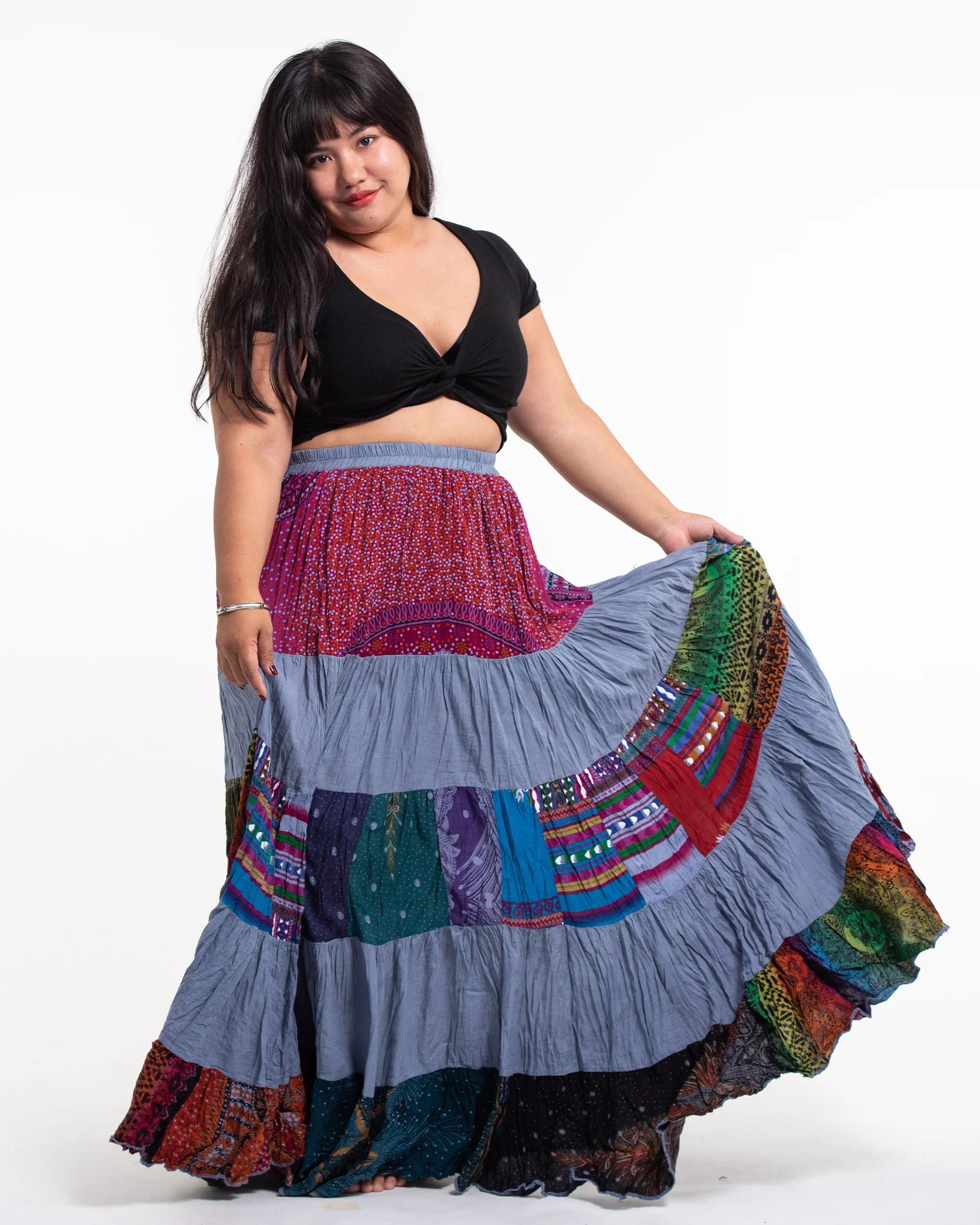 Plus Size Patchwork Long Skirt in Gray