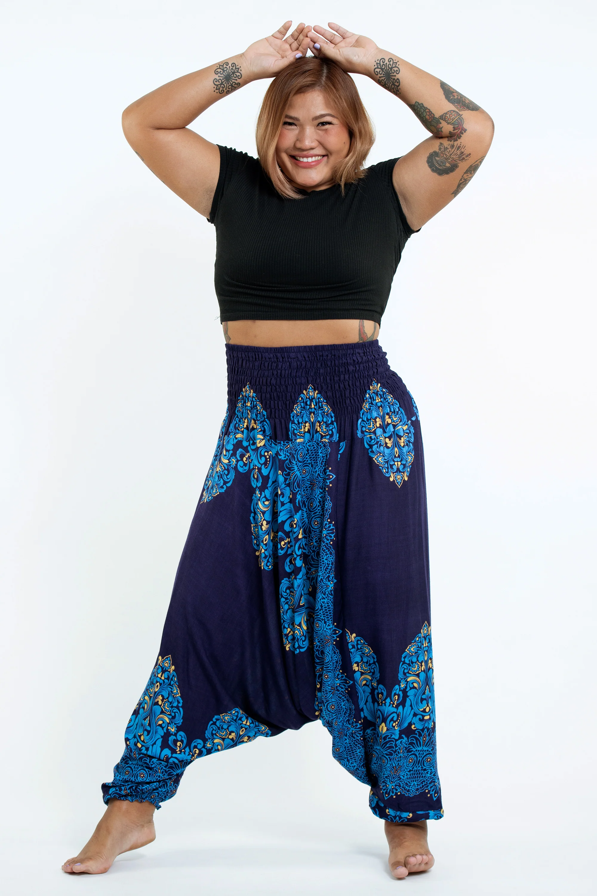 Plus Size Floral Vines 2-in-1 Jumpsuit Harem Pants in Blue