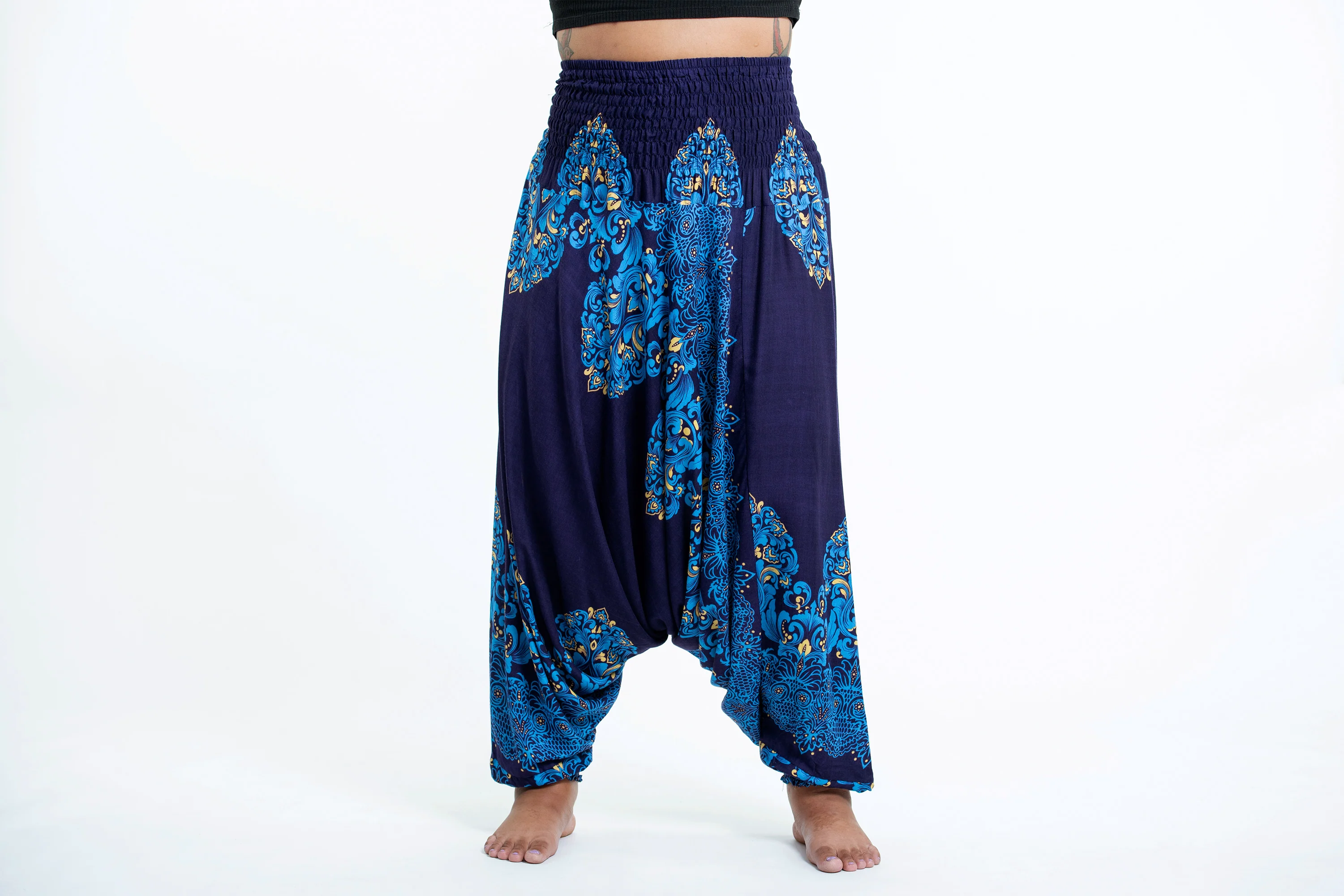 Plus Size Floral Vines 2-in-1 Jumpsuit Harem Pants in Blue