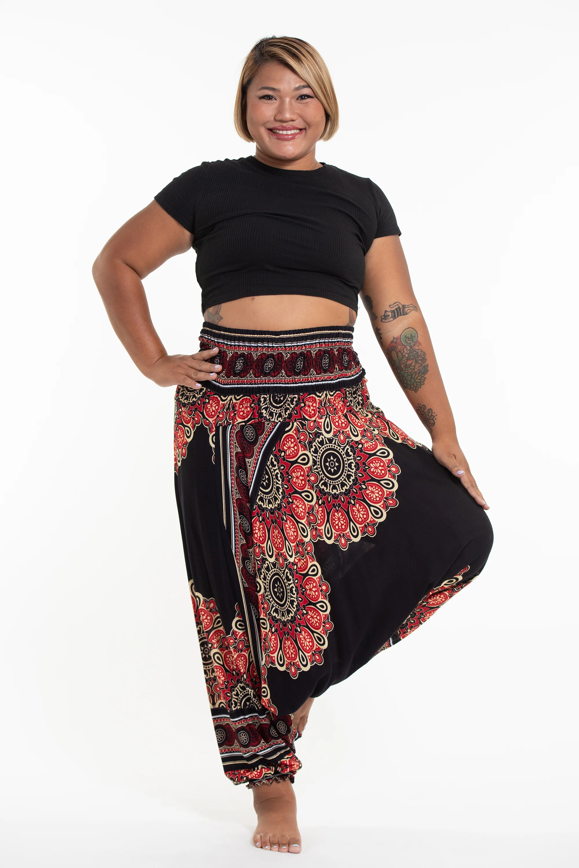 Plus Size Peony Mandalas 2-in-1 Jumpsuit Harem Pants in Black
