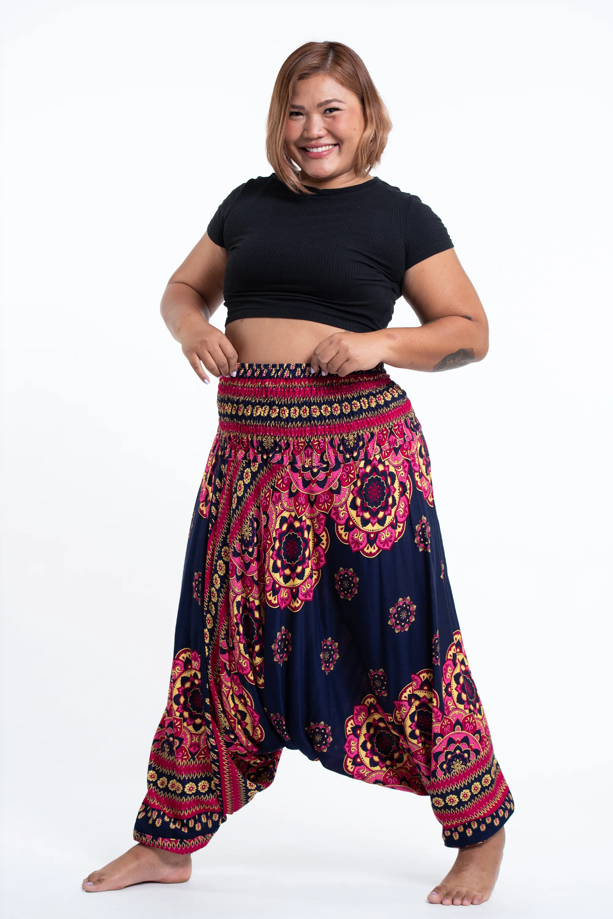 Plus Size Lotus Mandalas 2-in-1 Jumpsuit Harem Pants in Navy