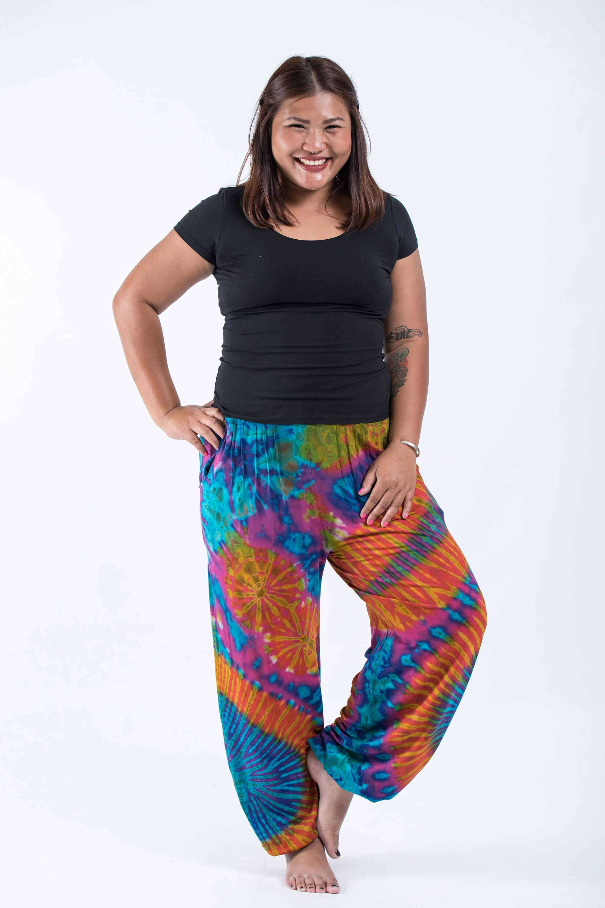 Plus Size Tie Dye Cotton Women Harem Pants in Blue Orange