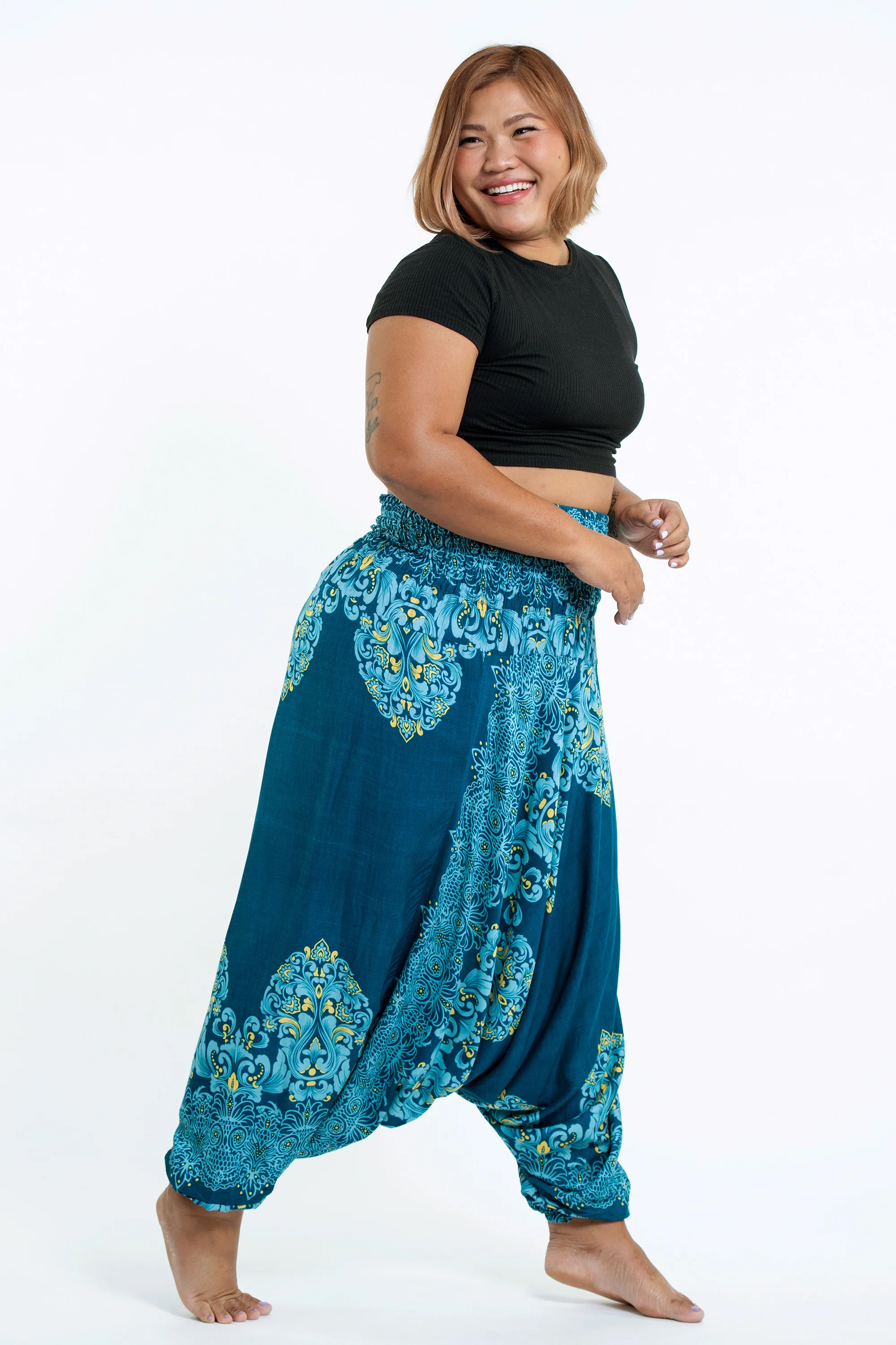 Plus Size Floral Vines 2-in-1 Jumpsuit Harem Pants in Turquoise