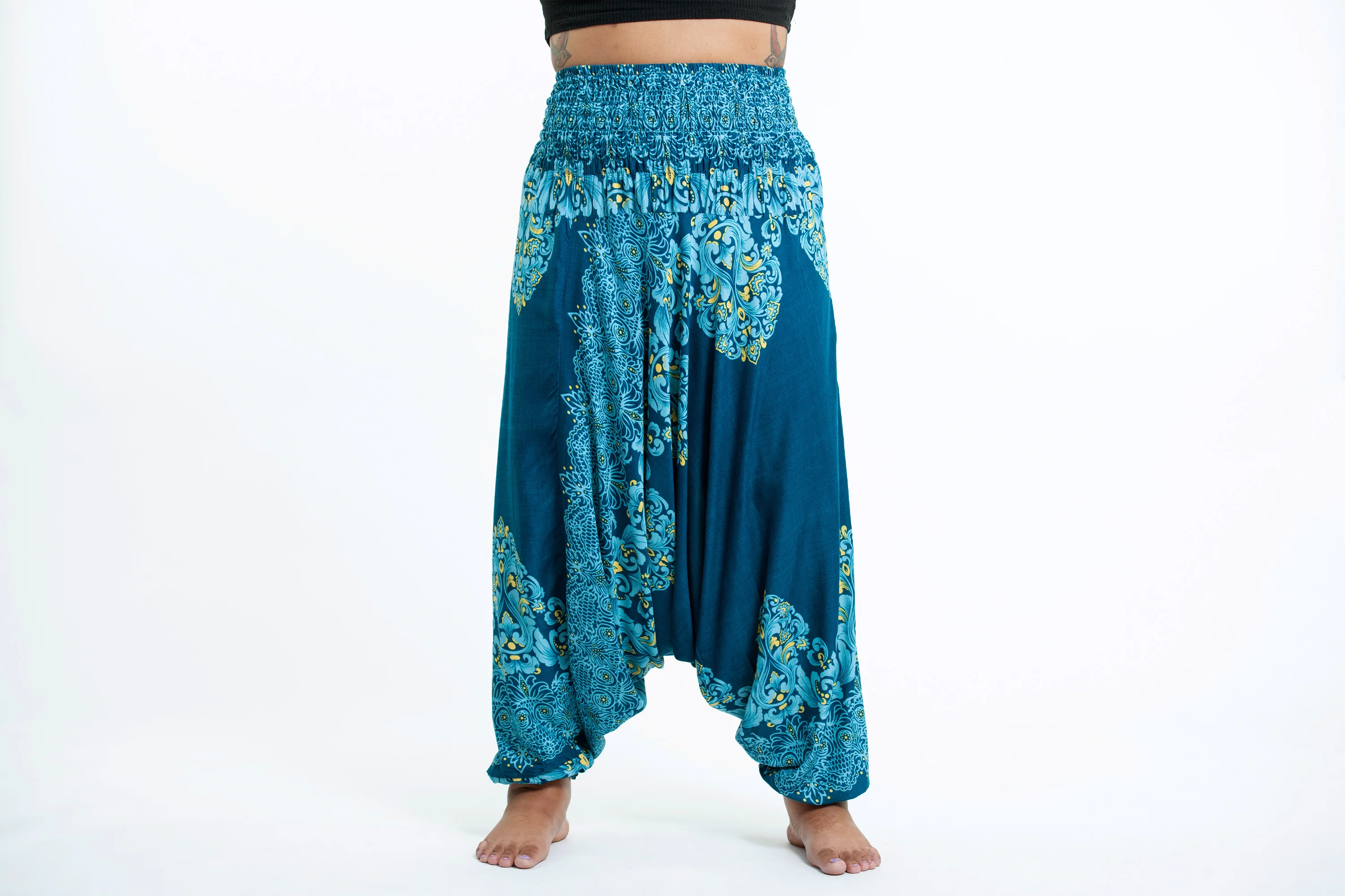 Plus Size Floral Vines 2-in-1 Jumpsuit Harem Pants in Turquoise