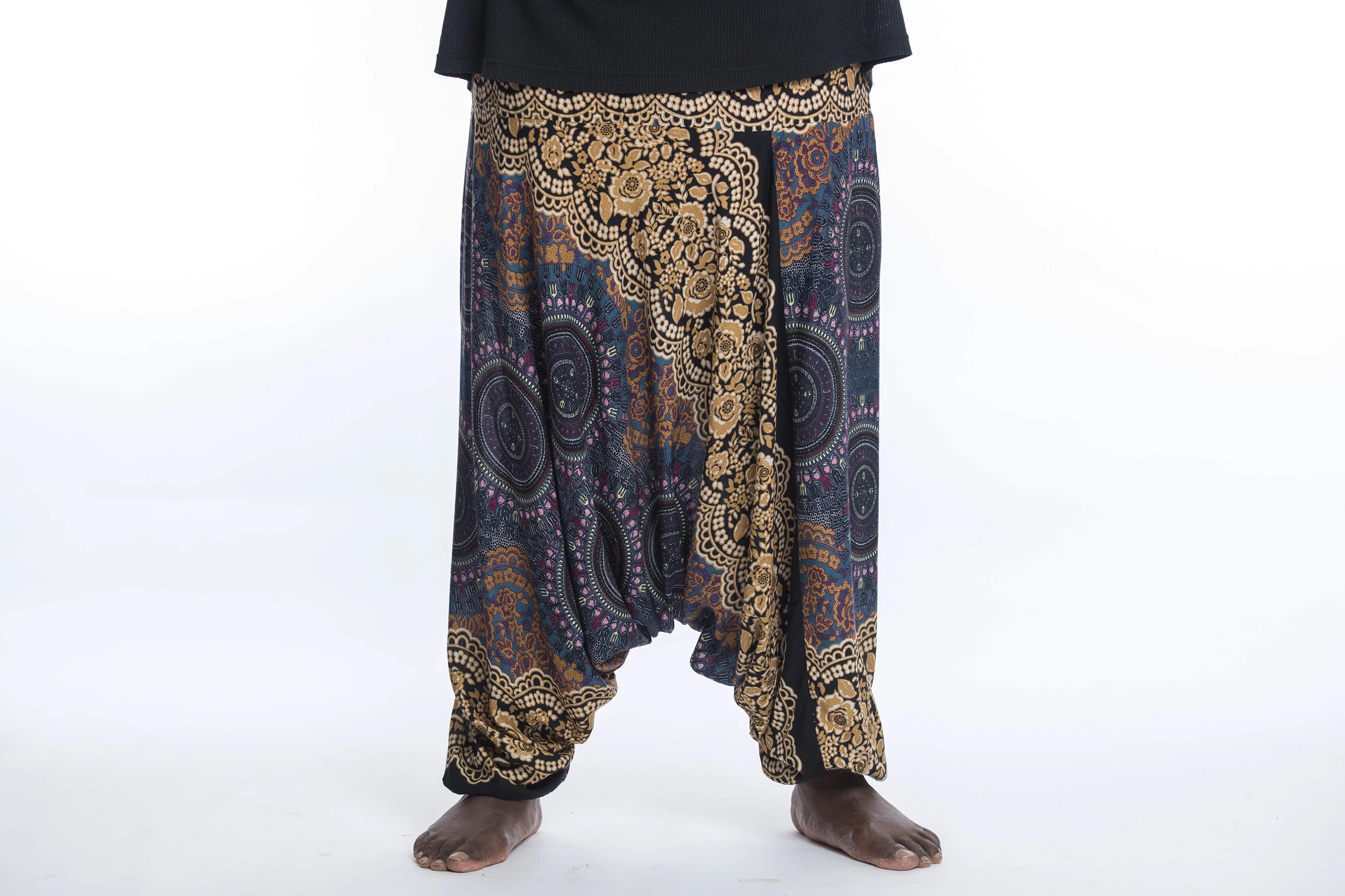 Plus Size Trishula Mandalas Drop Crotch Men's Harem Pants in Gold