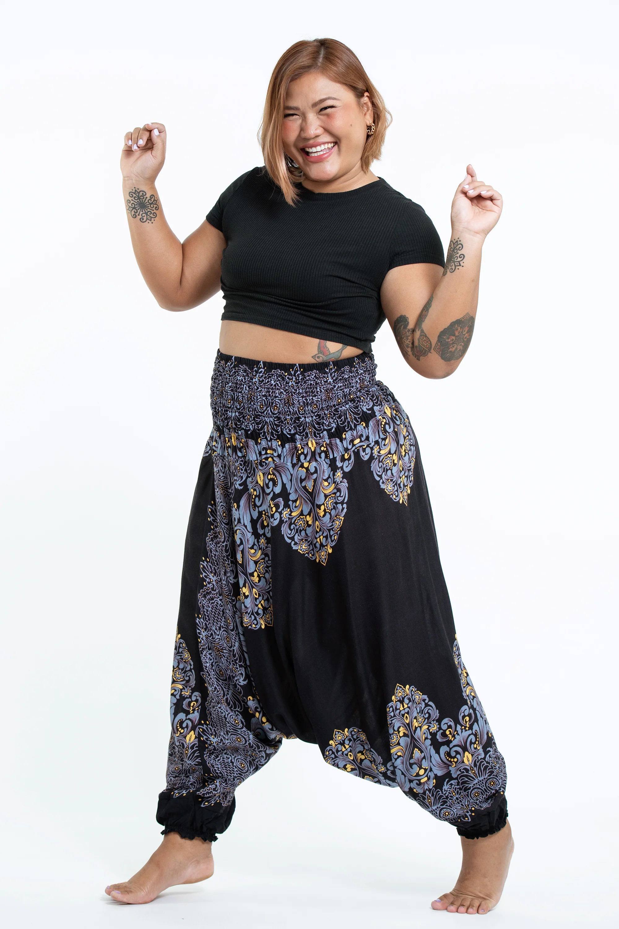 Plus Size Floral Vines 2-in-1 Jumpsuit Harem Pants in Black
