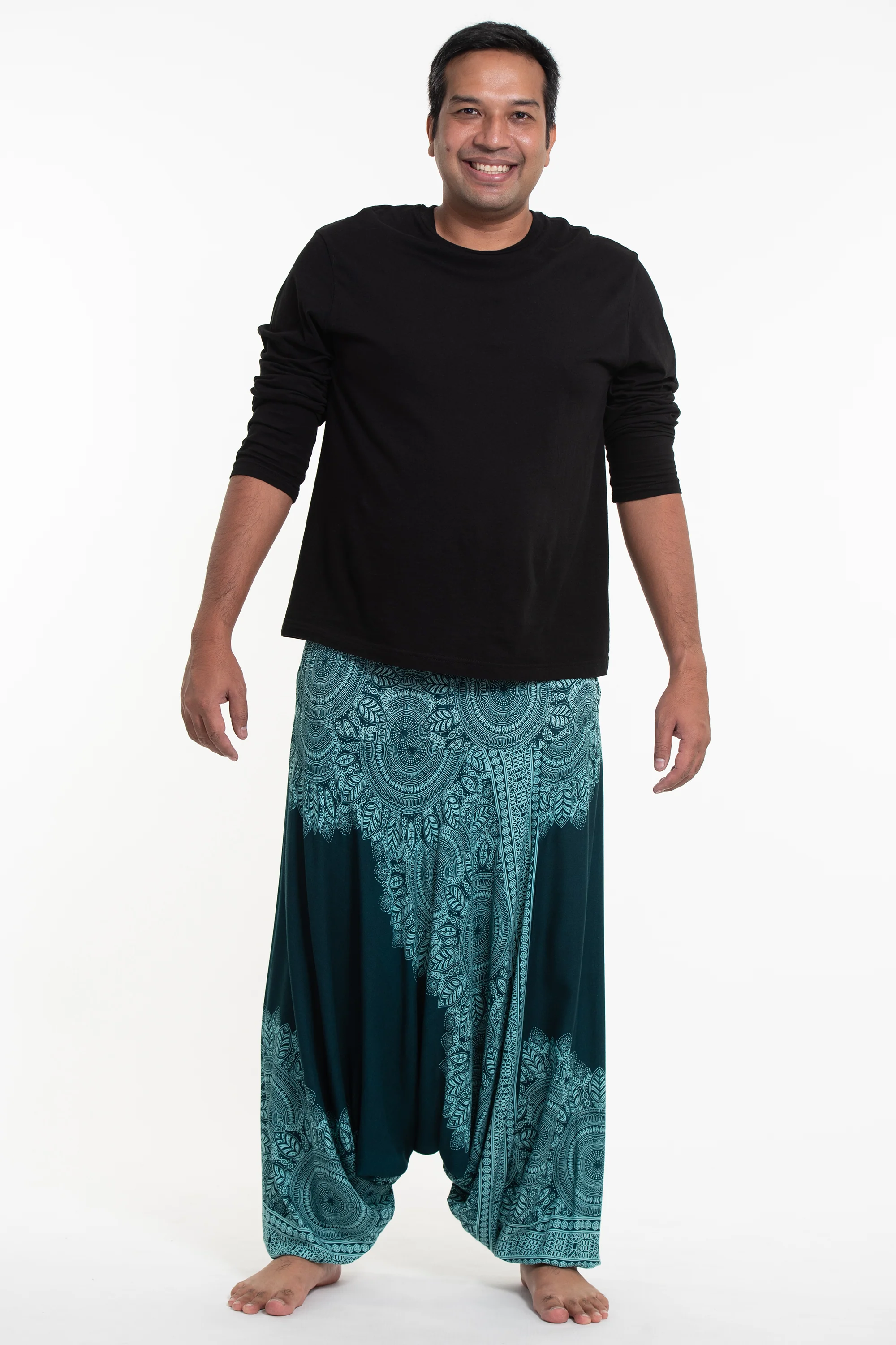 Plus Size Floral Mandalas Drop Crotch Men's Harem Pants in Teal