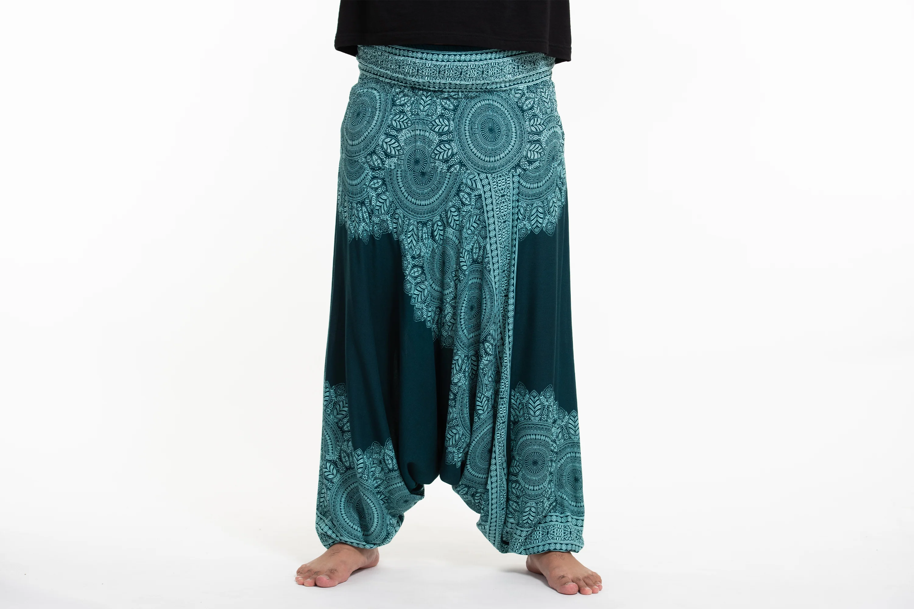 Plus Size Floral Mandalas Drop Crotch Men's Harem Pants in Teal