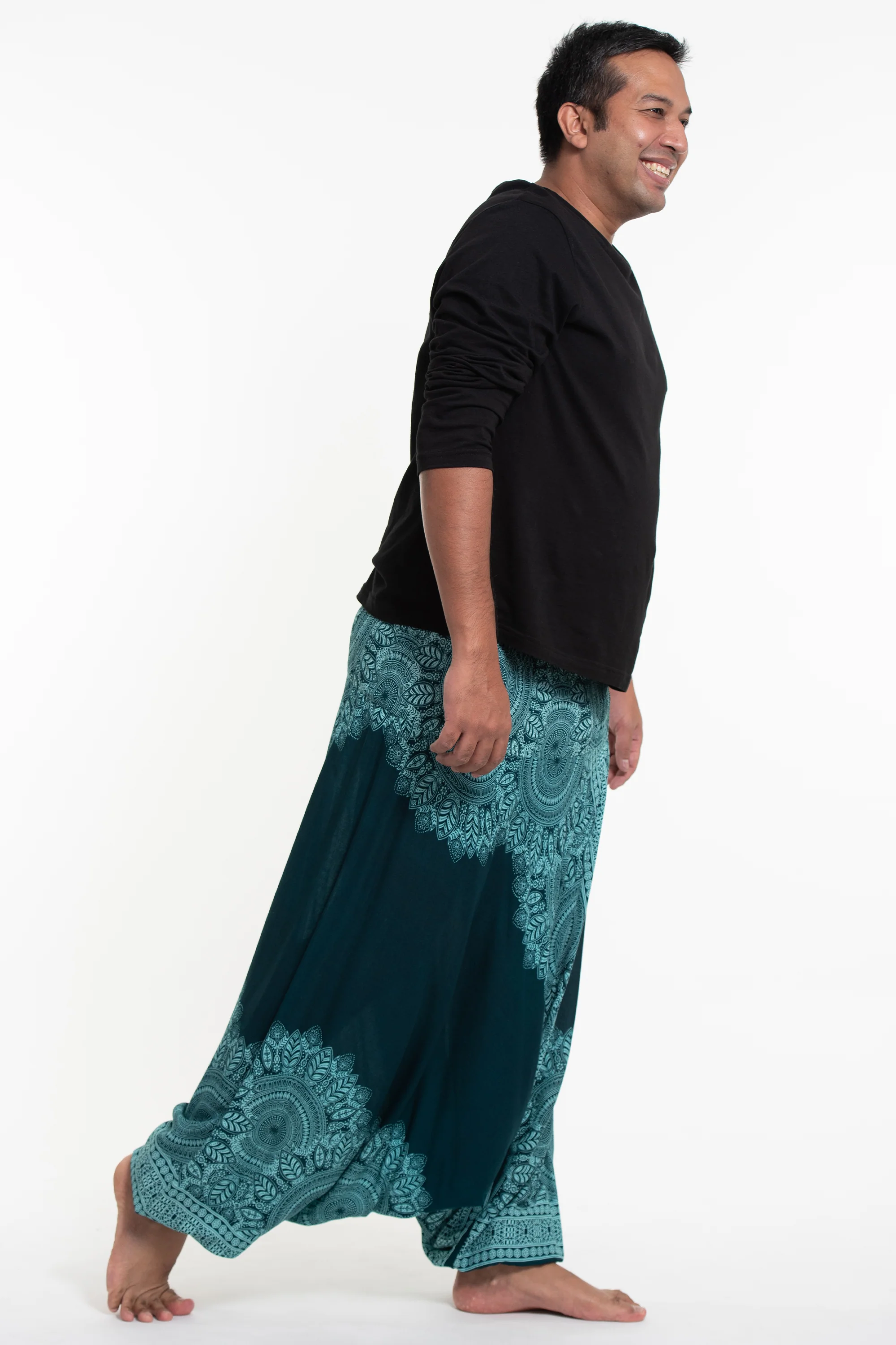 2850-Plus-Size-Floral-Mandalas-Drop-Crotch-Men-s-Harem-Pants-in-Teal-3.webp Plus Size Floral Mandalas Drop Crotch Men's Harem Pants in Teal