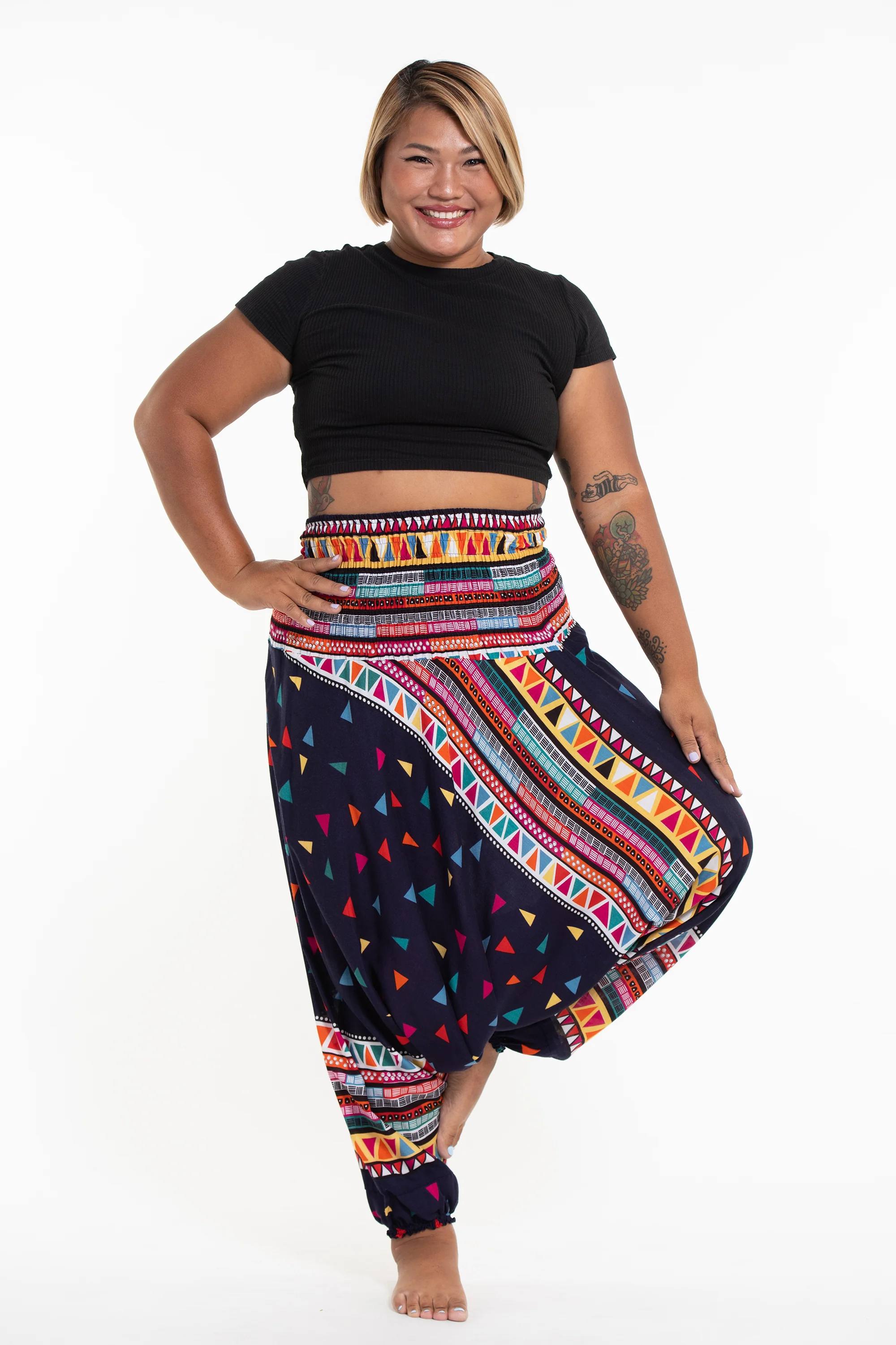 Plus Size Triangles 2-in-1 Jumpsuit Harem Pants in Navy