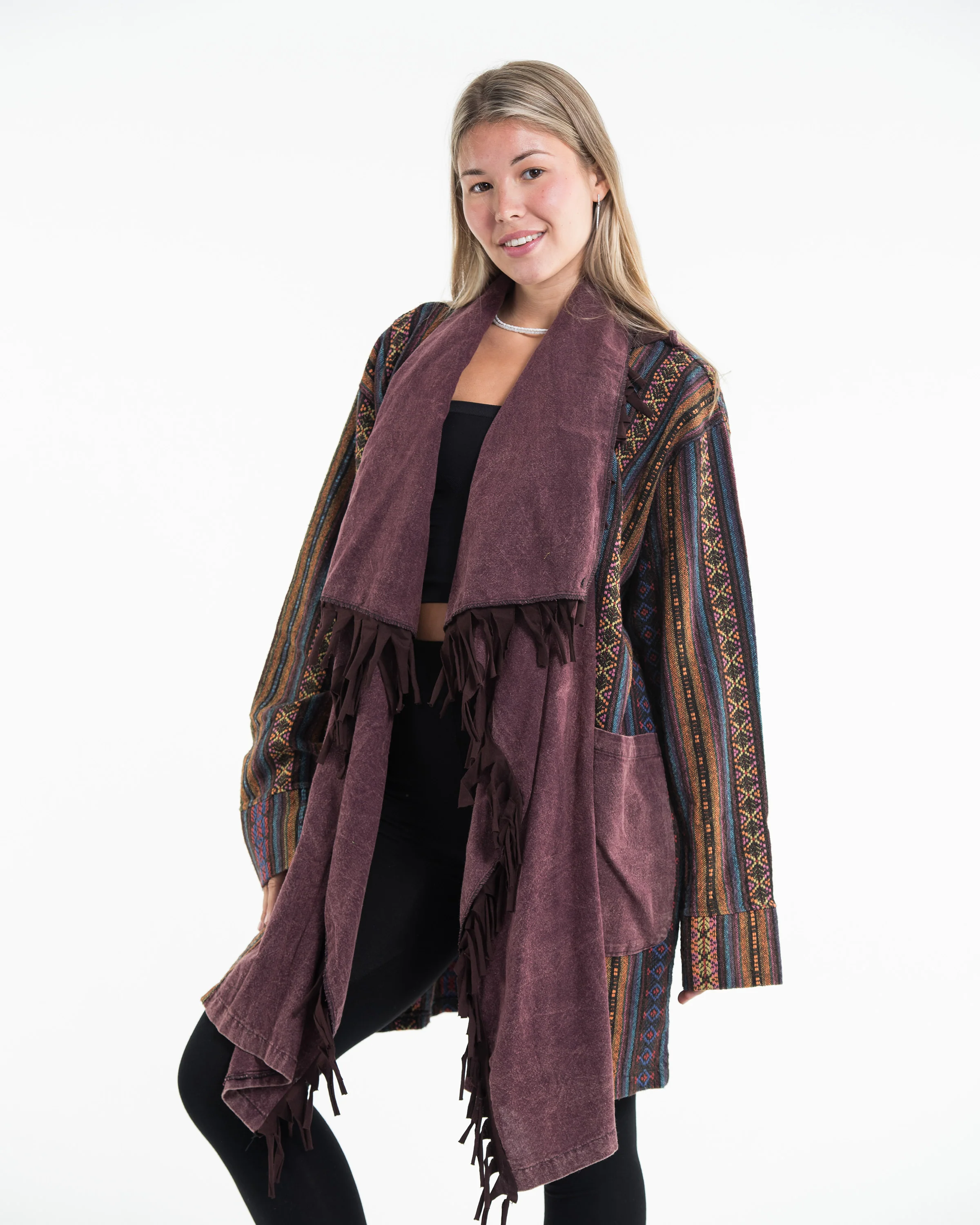 Tribal Cloak Jacket | Stonewash Drape in Maroon