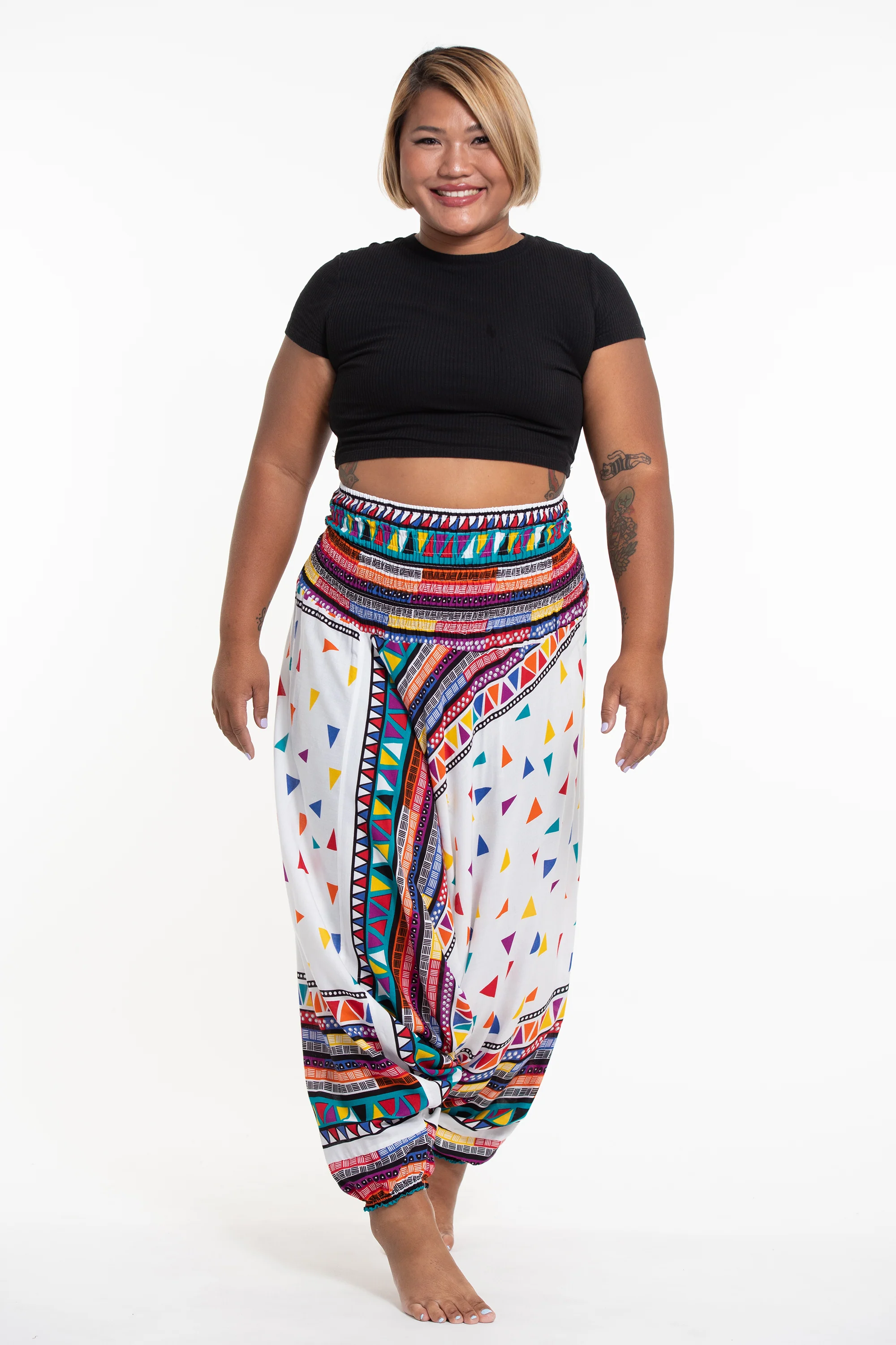 Plus Size Triangles 2-in-1 Jumpsuit Harem Pants in White