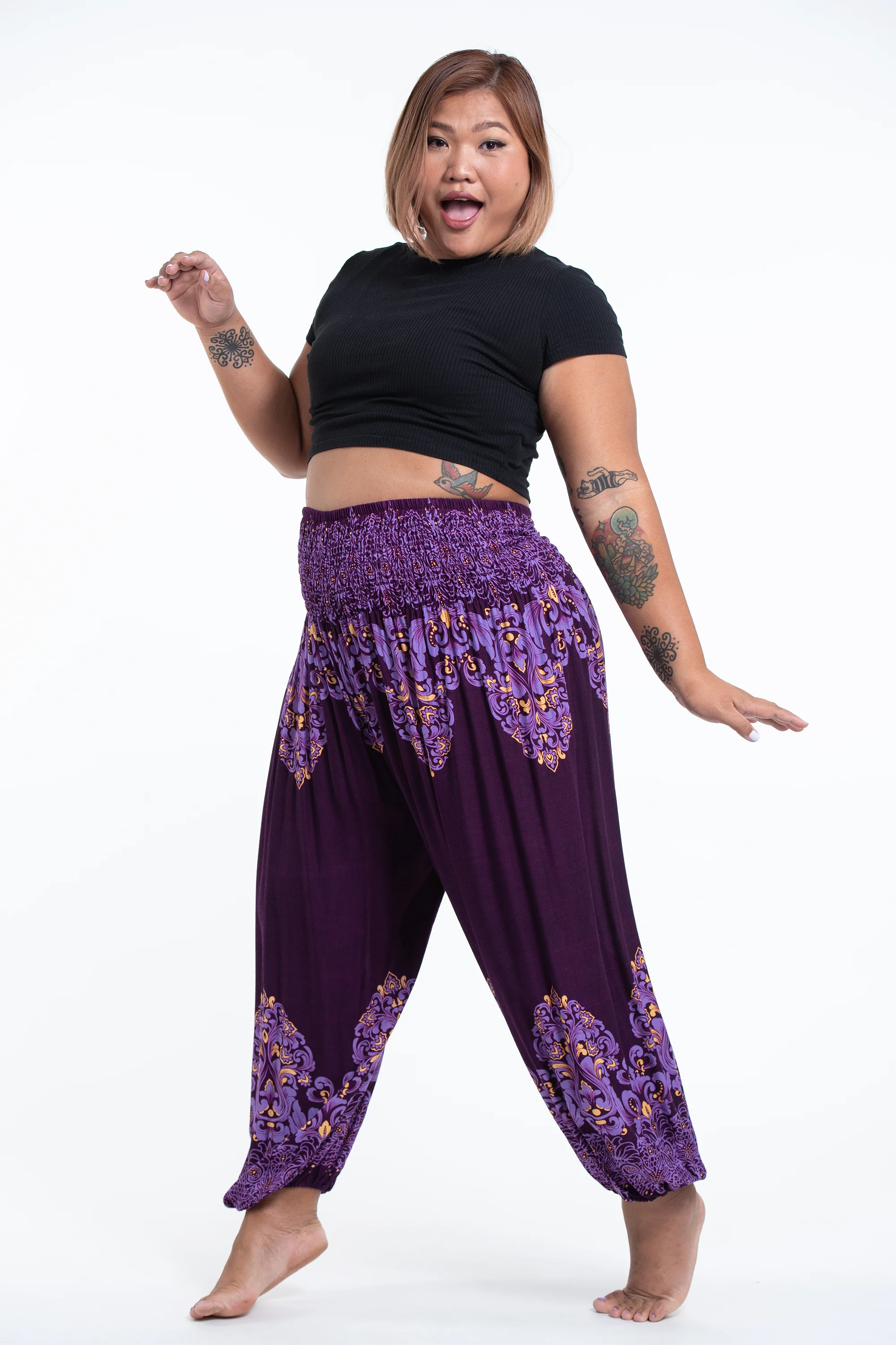 Plus Size Floral Vines Women's Harem Pants in Purple