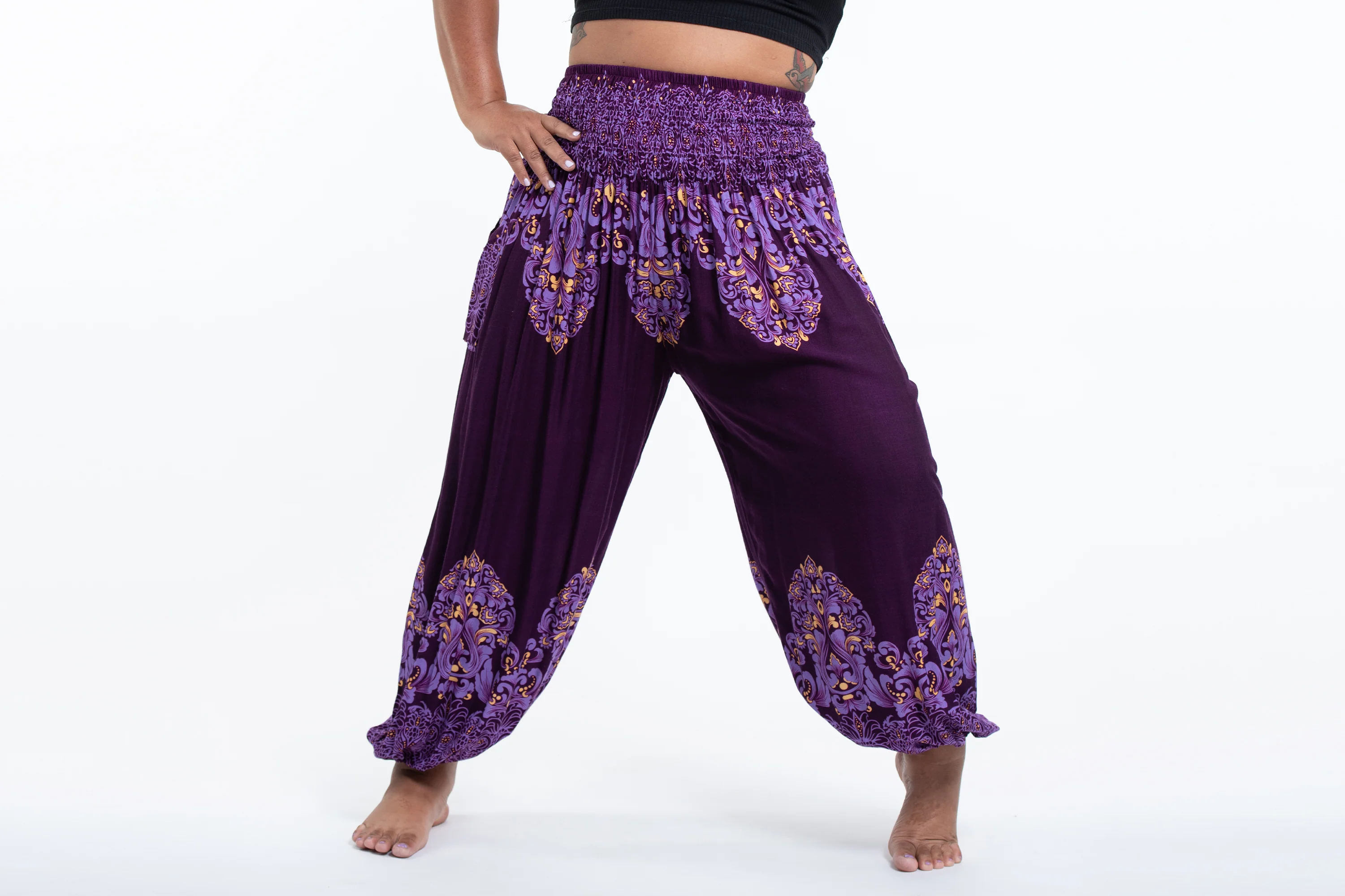 Plus Size Floral Vines Women's Harem Pants in Purple