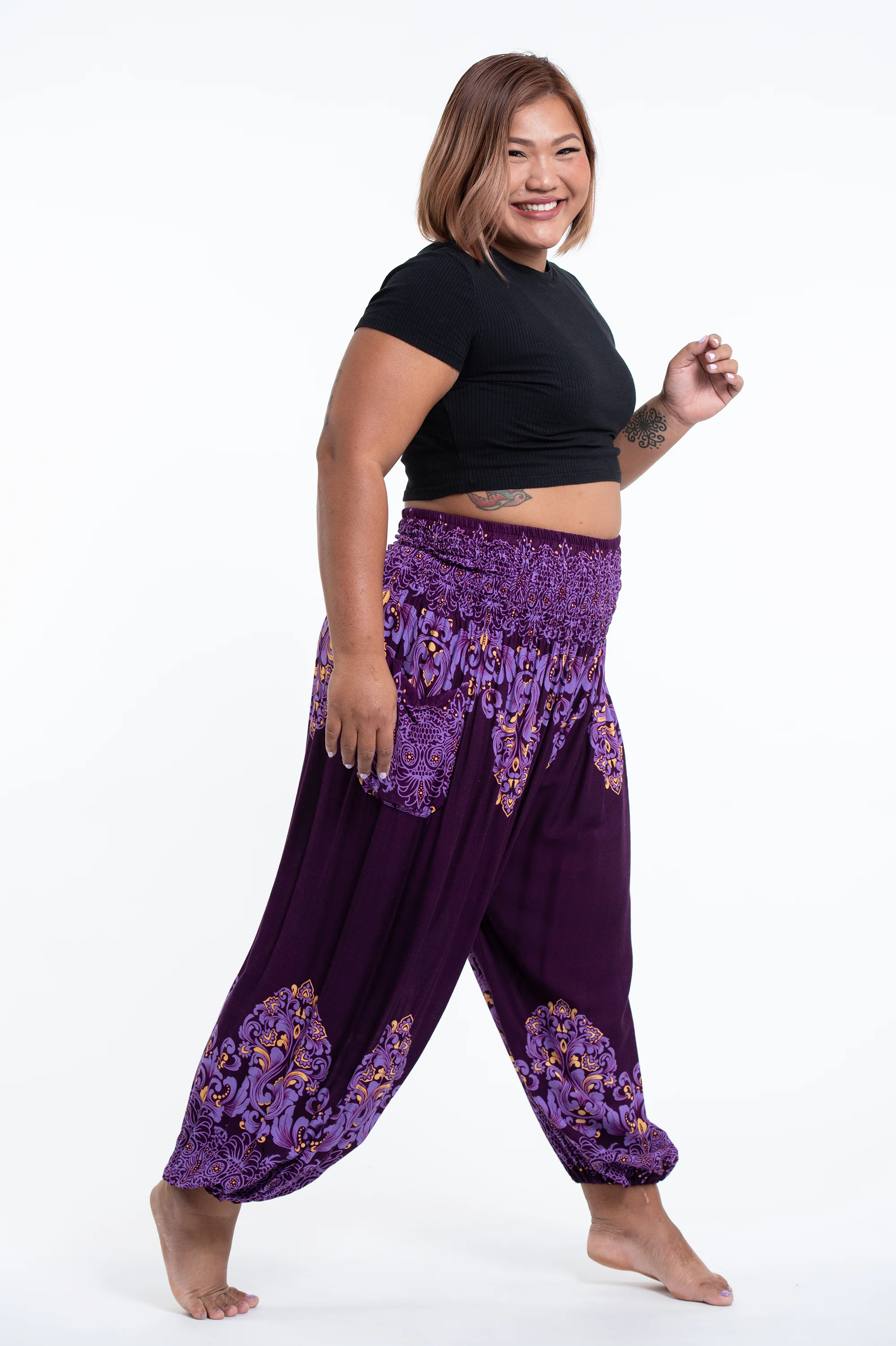 2864-Plus-Size-Floral-Vines-Women-s-Harem-Pants-in-Purple-3.webp Plus Size Floral Vines Women's Harem Pants in Purple