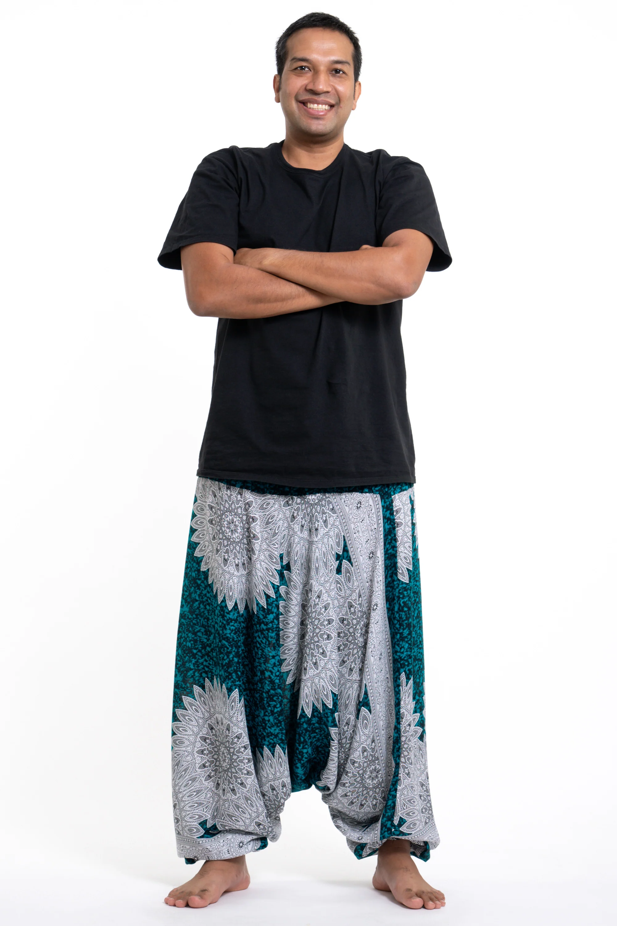Plus Size Marble Mandalas Drop Crotch Men's Harem Pants in Turquoise