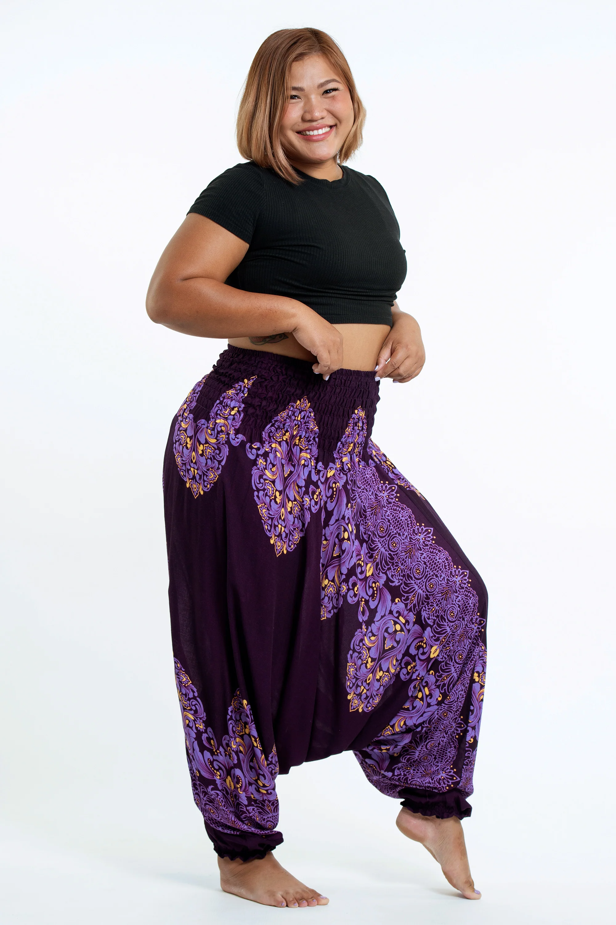 Plus Size Floral Vines 2-in-1 Jumpsuit Harem Pants in Purple