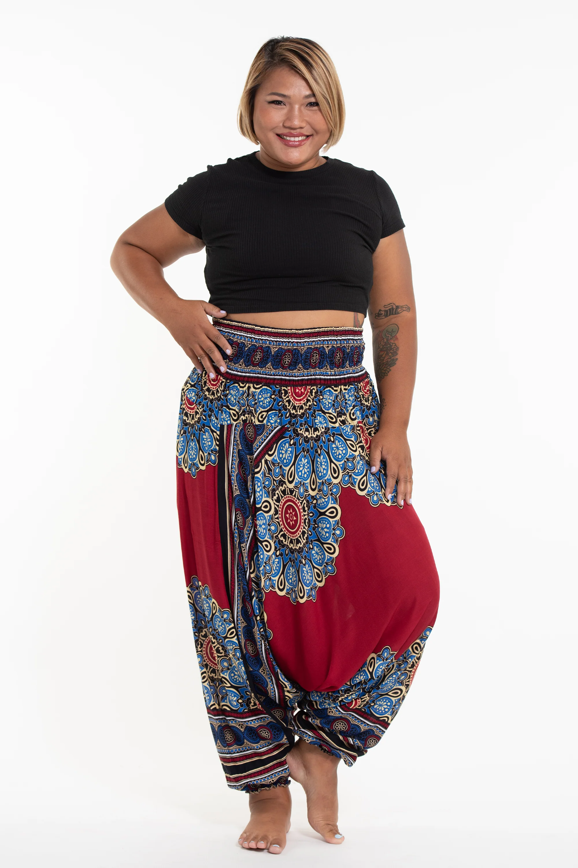 Plus Size Peony Mandalas 2-in-1 Jumpsuit Harem Pants in Red