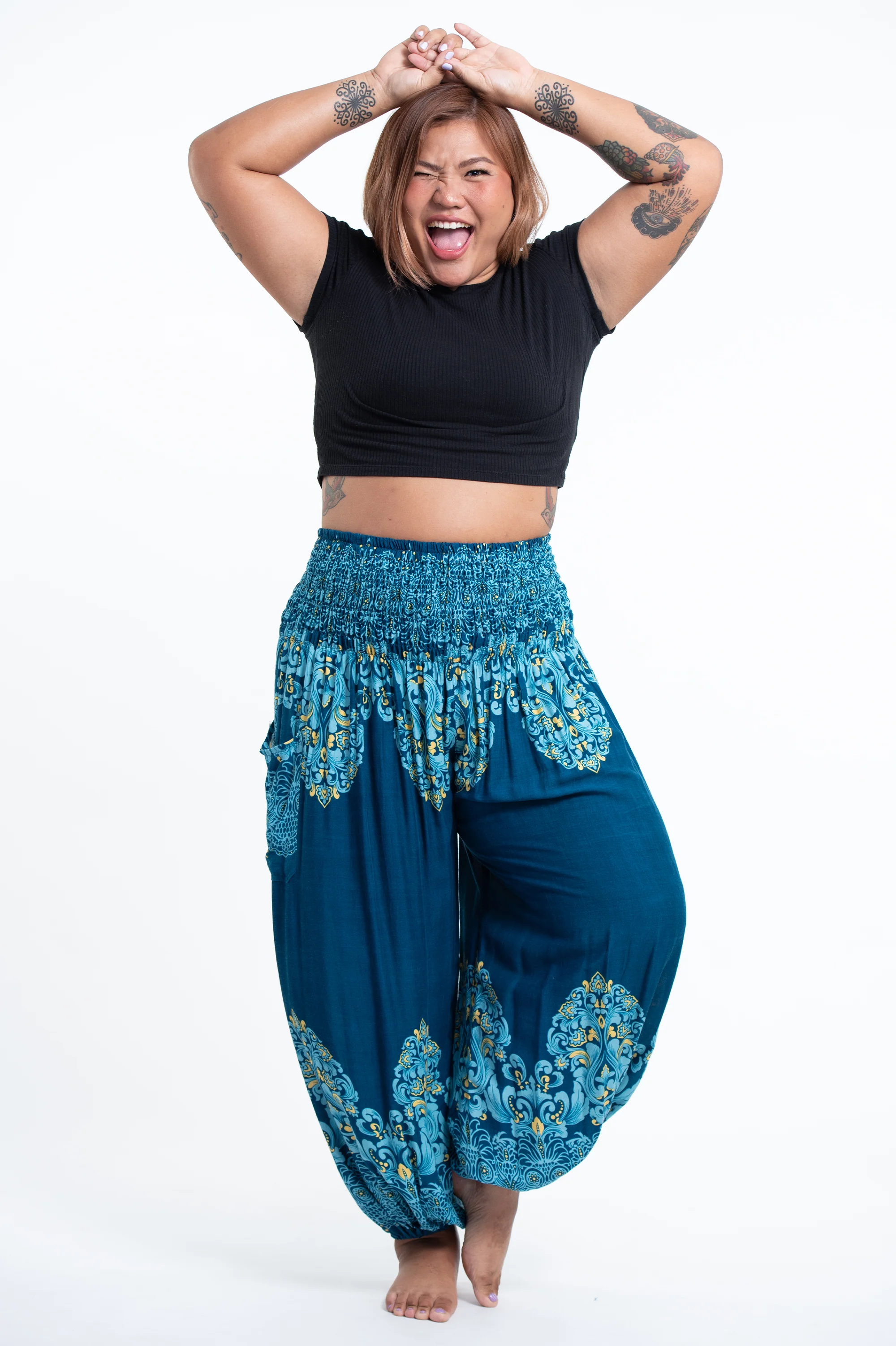 Plus Size Floral Vines Women's Harem Pants in Turquoise