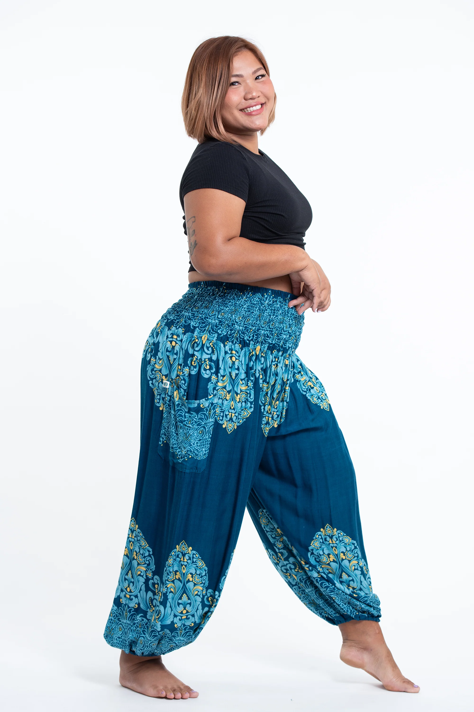 2872-Plus-Size-Floral-Vines-Women-s-Harem-Pants-in-Turquoise-3.webp Plus Size Floral Vines Women's Harem Pants in Turquoise