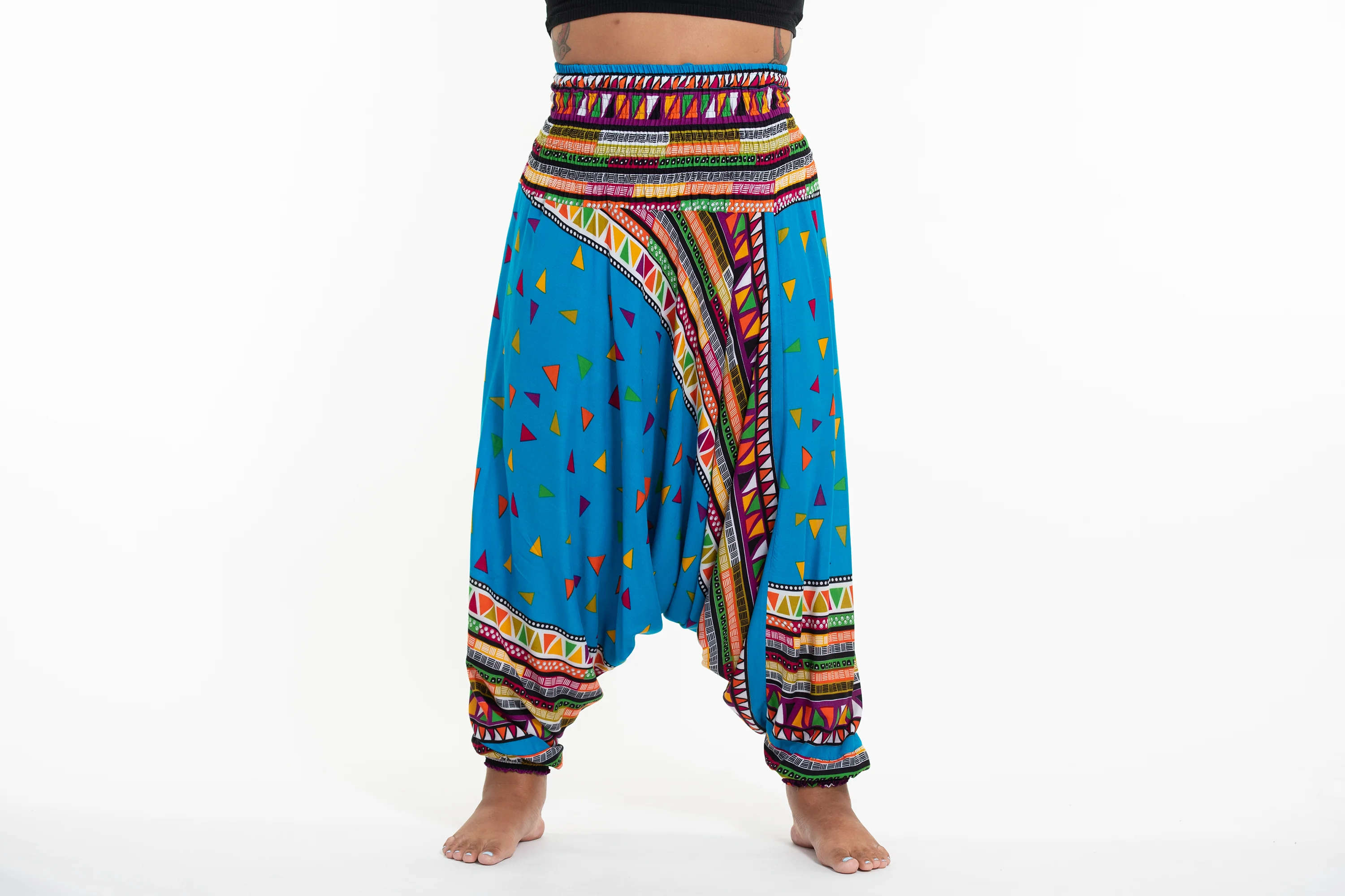 Plus Size Triangles 2-in-1 Jumpsuit Harem Pants in Ocean Blue