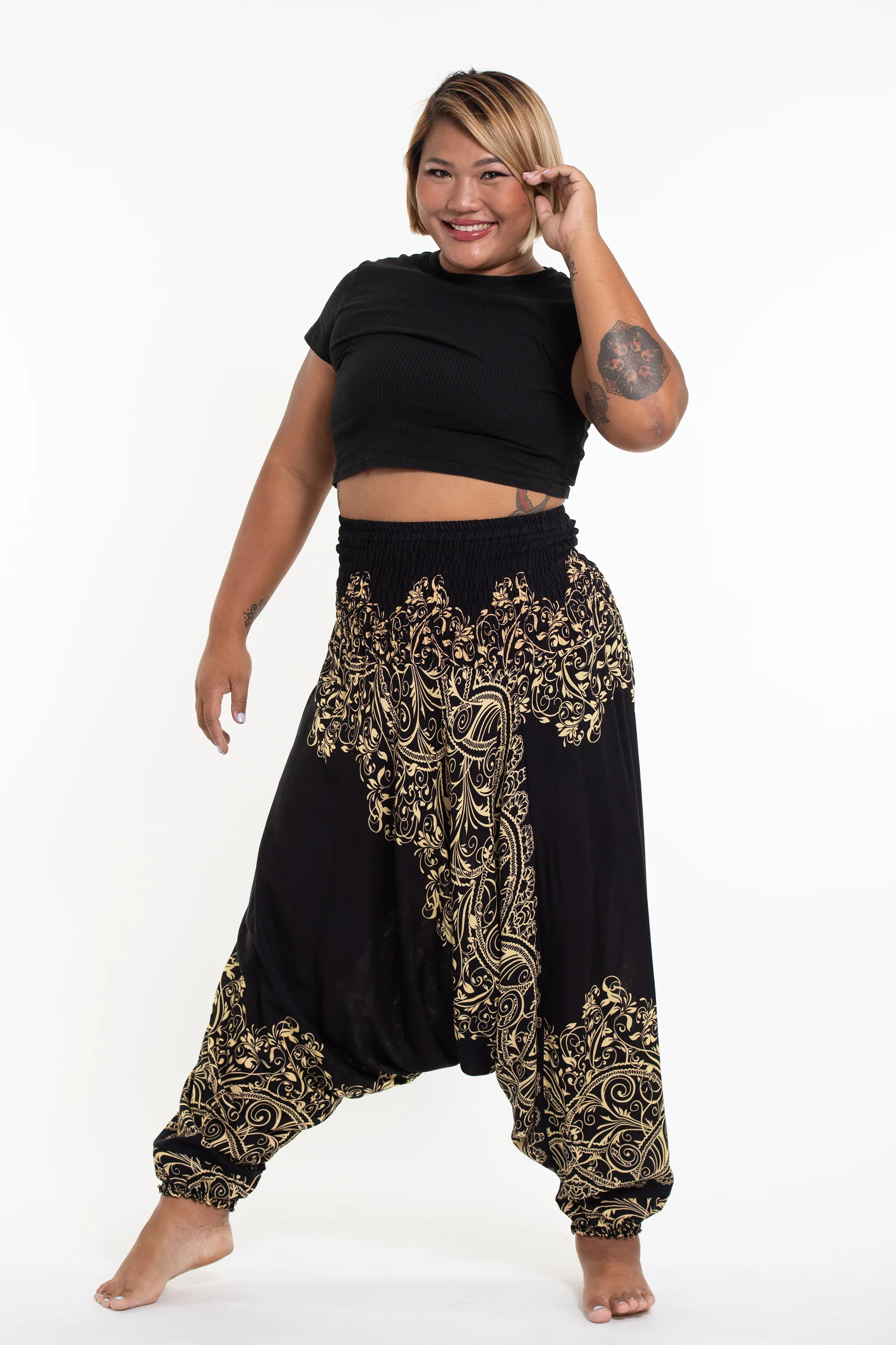 Plus Size Vines 2-in-1 Jumpsuit Harem Pants in Black