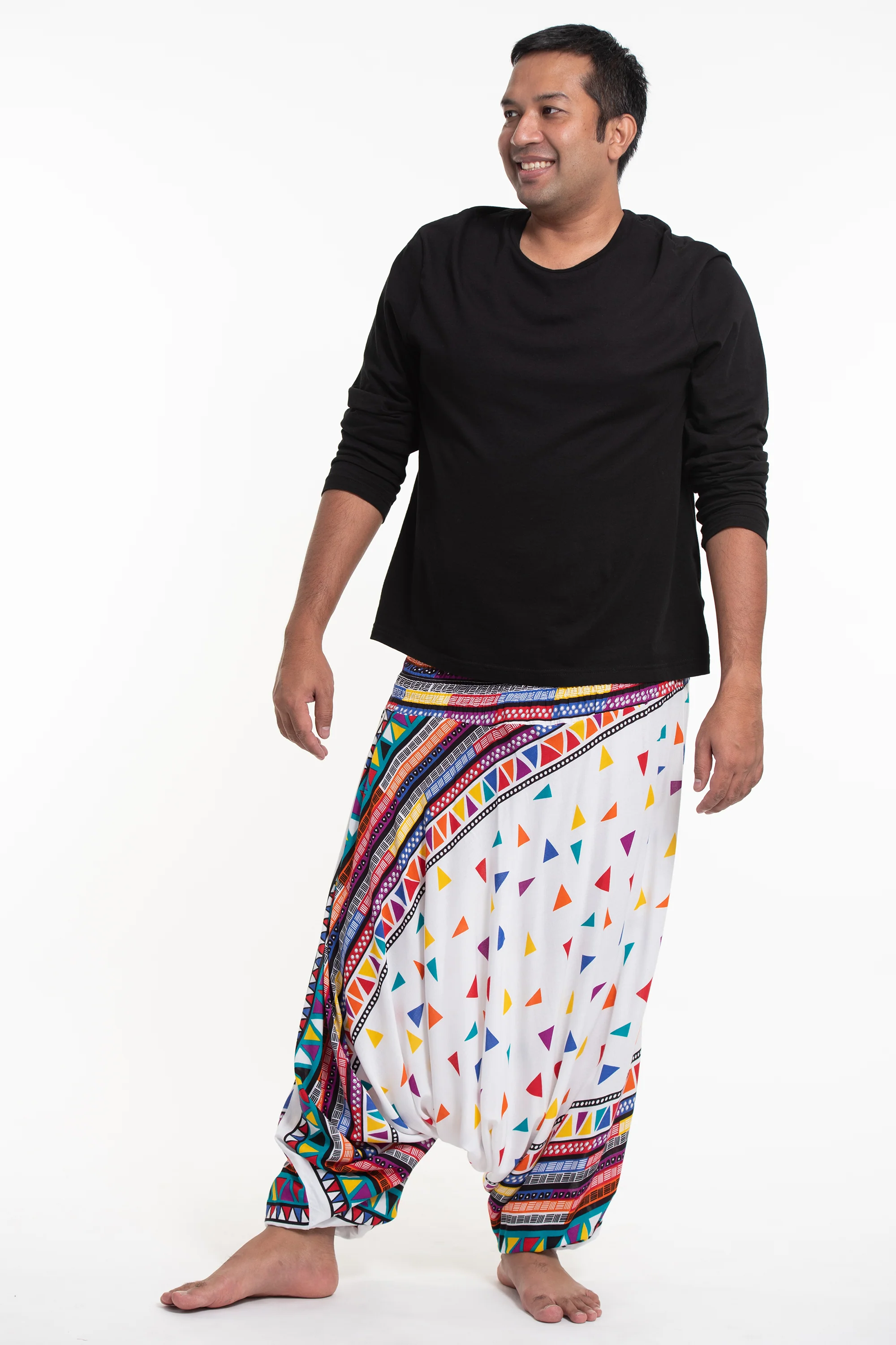 Plus Size Triangles Drop Crotch Men's Harem Pants in White