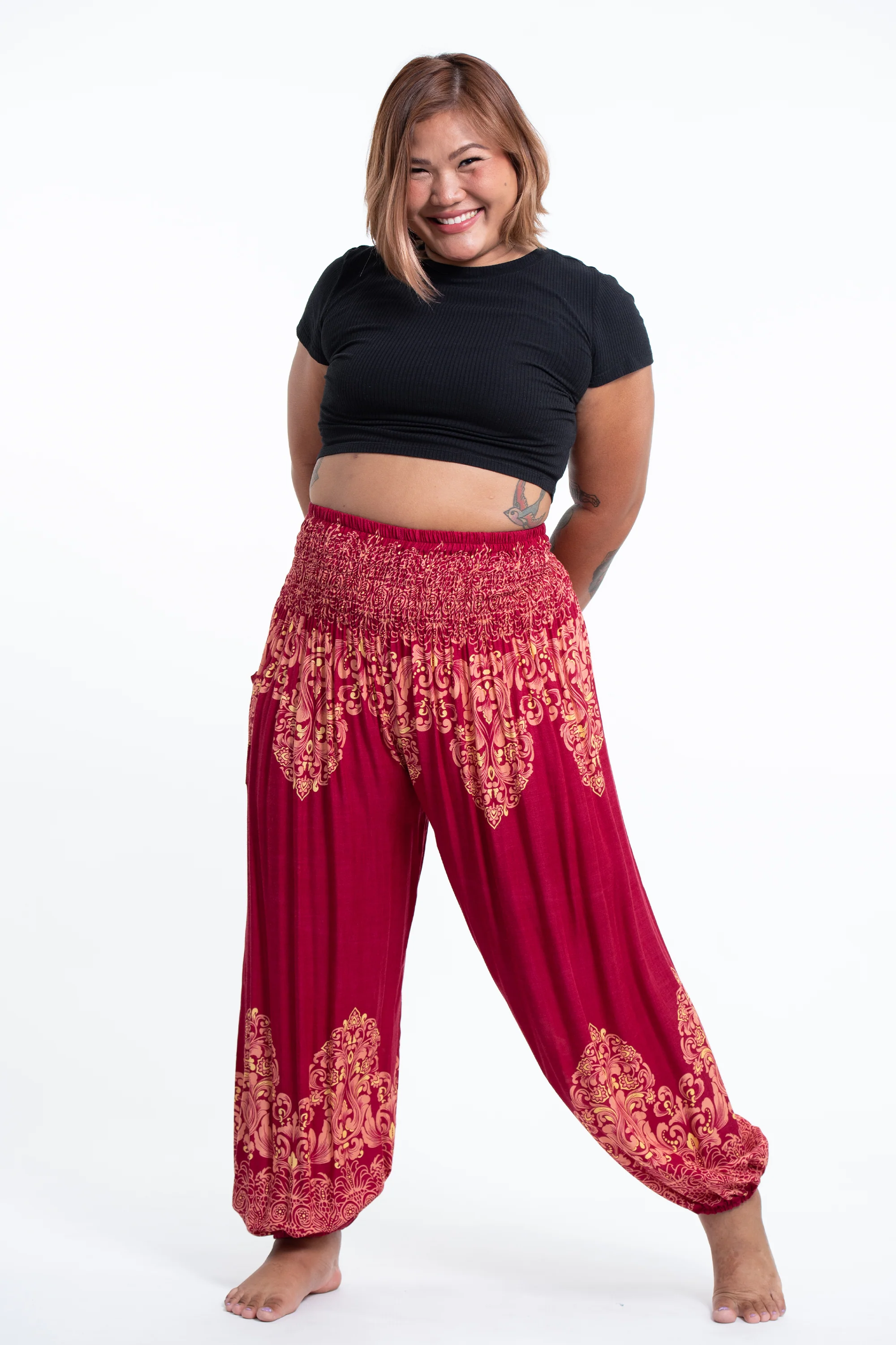Plus Size Floral Vines Women's Harem Pants in Red