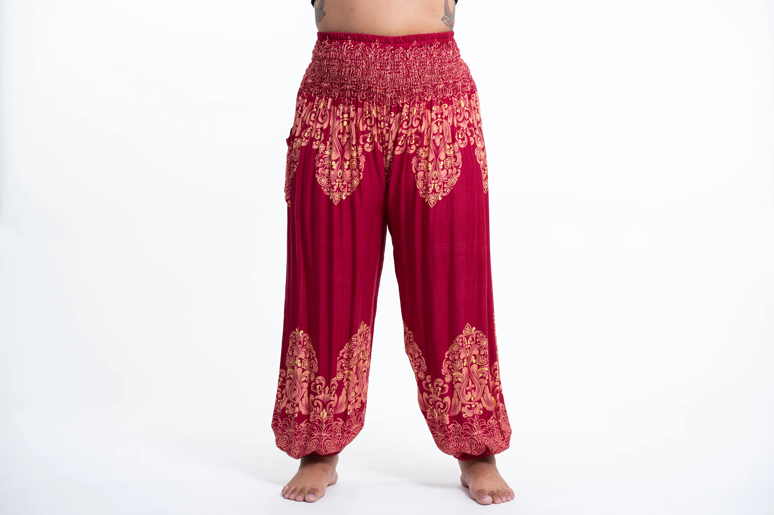 Plus Size Floral Vines Women's Harem Pants in Red