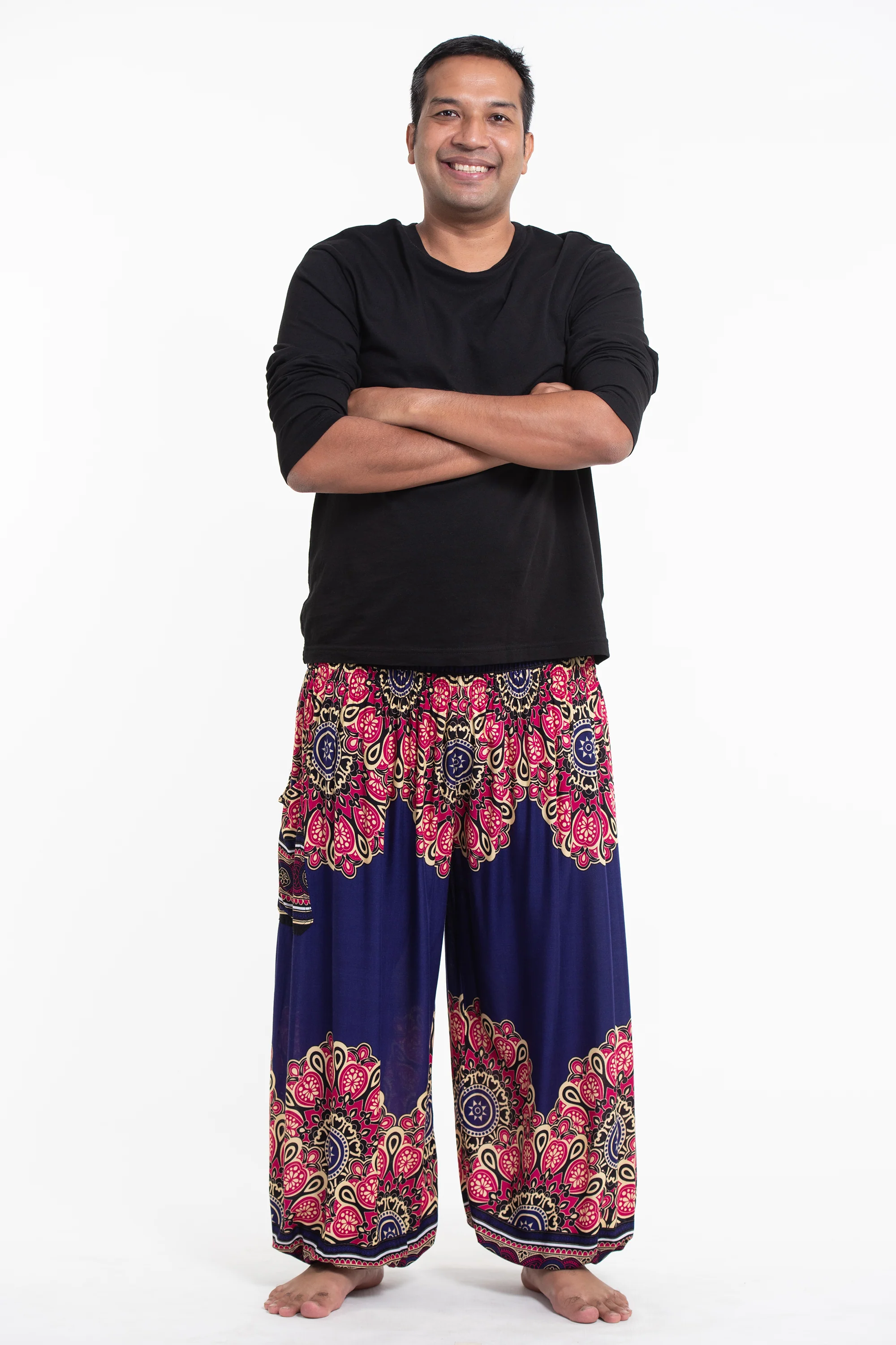 Plus Size Peony Mandalas Men's Harem Pants in Indigo