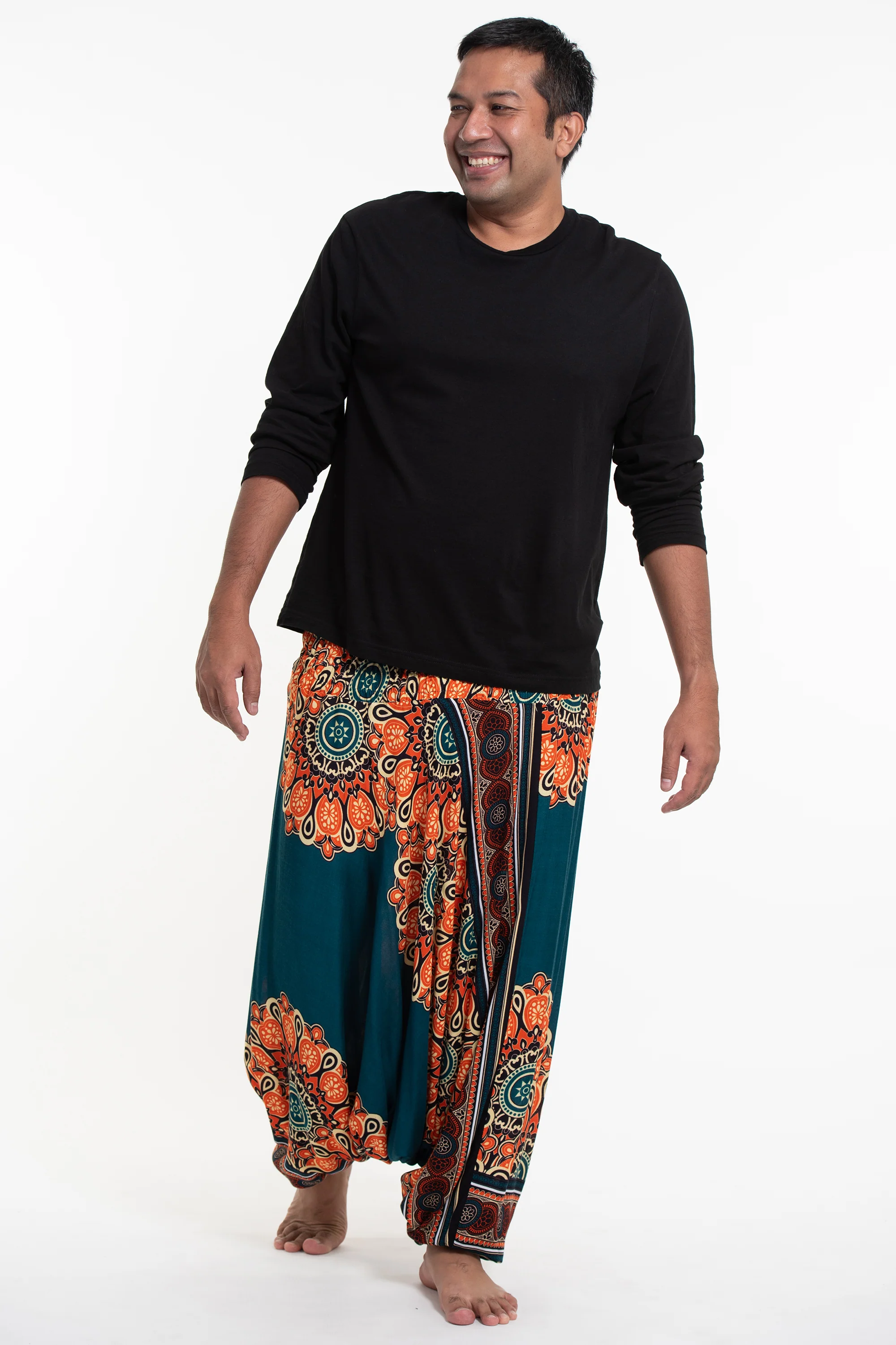 Plus Size Peony Mandalas Drop Crotch Men's Harem Pants in Teal