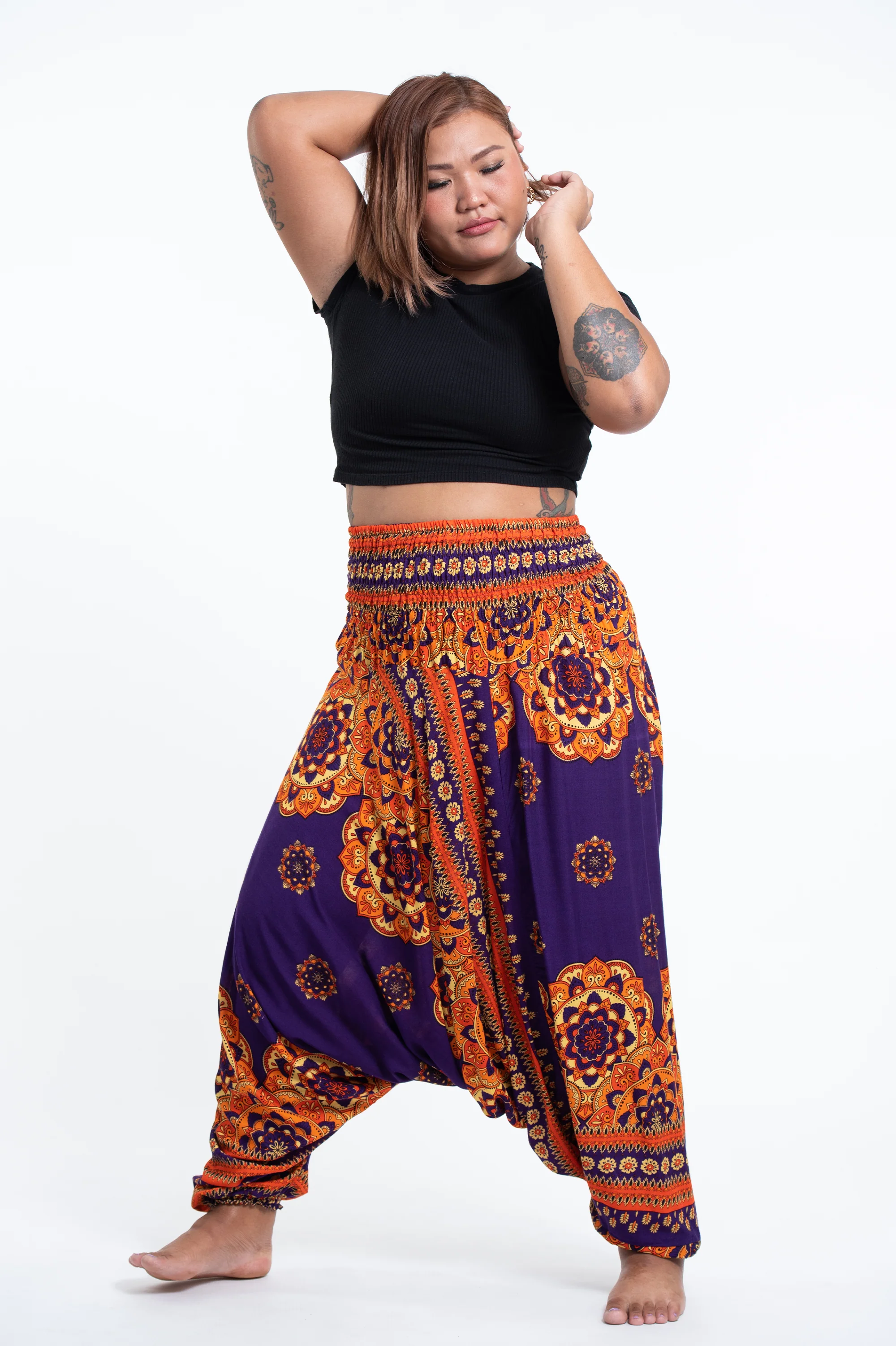 Plus Size Lotus Mandalas 2-in-1 Jumpsuit Harem Pants in Purple