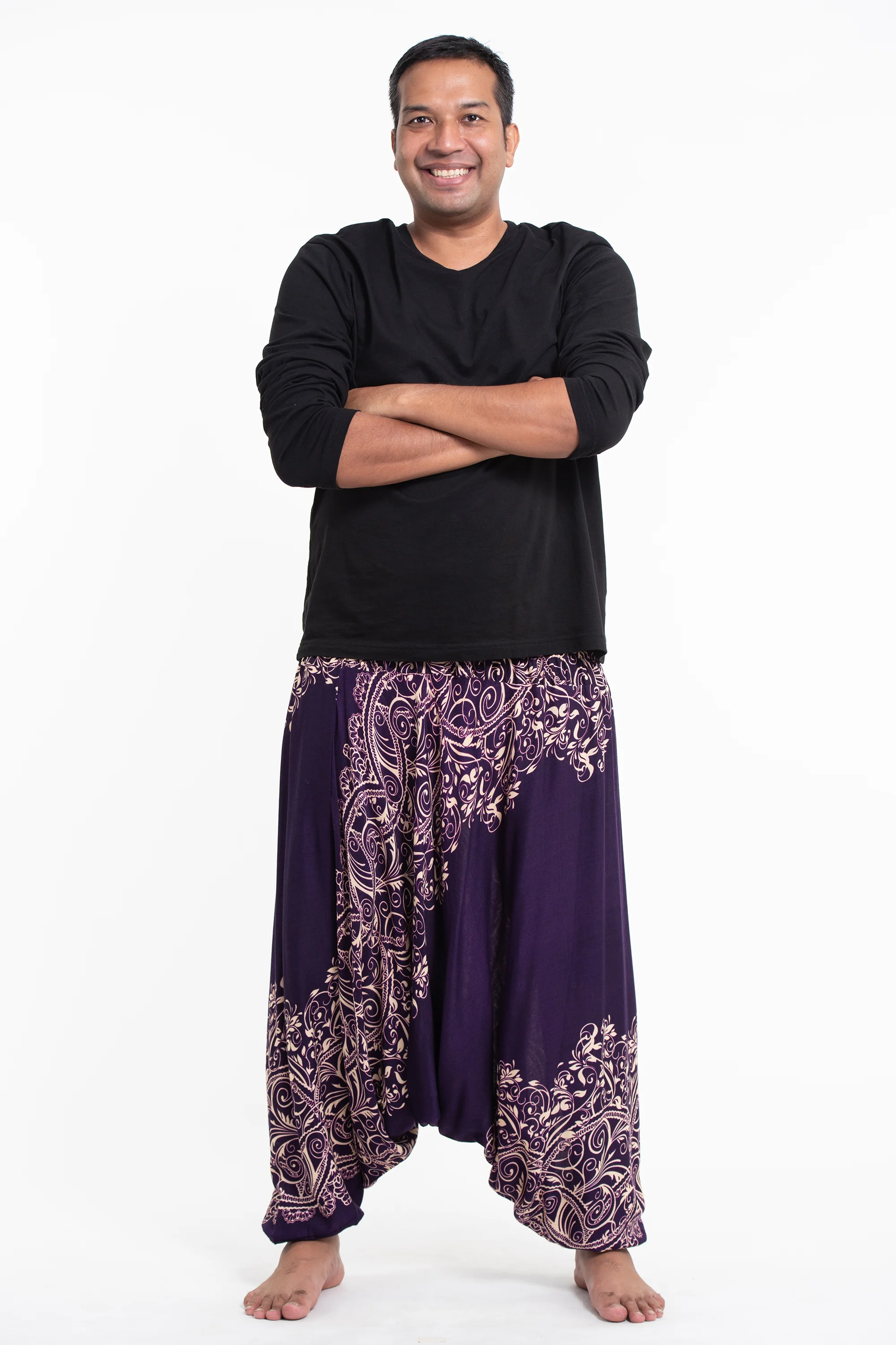 Plus Size Vines Drop Crotch Men's Harem Pants in Purple