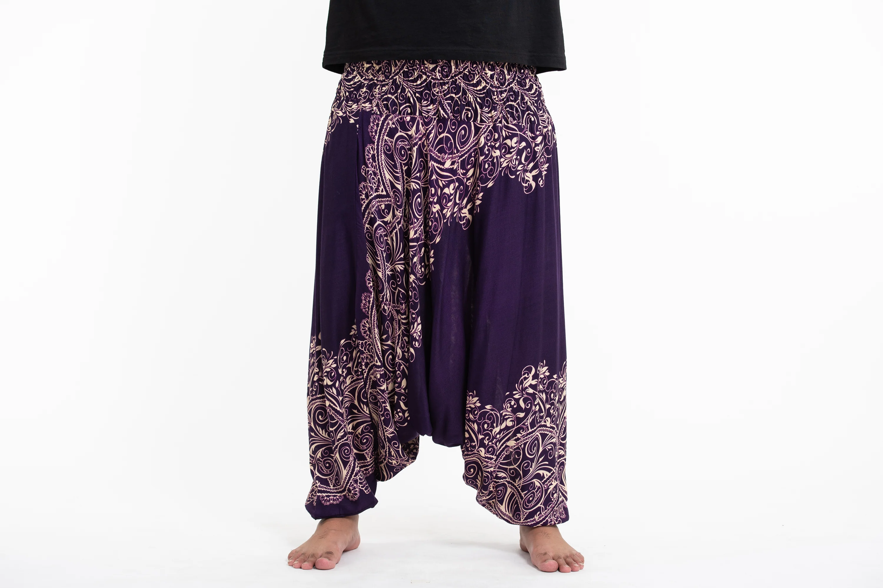 Plus Size Vines Drop Crotch Men's Harem Pants in Purple
