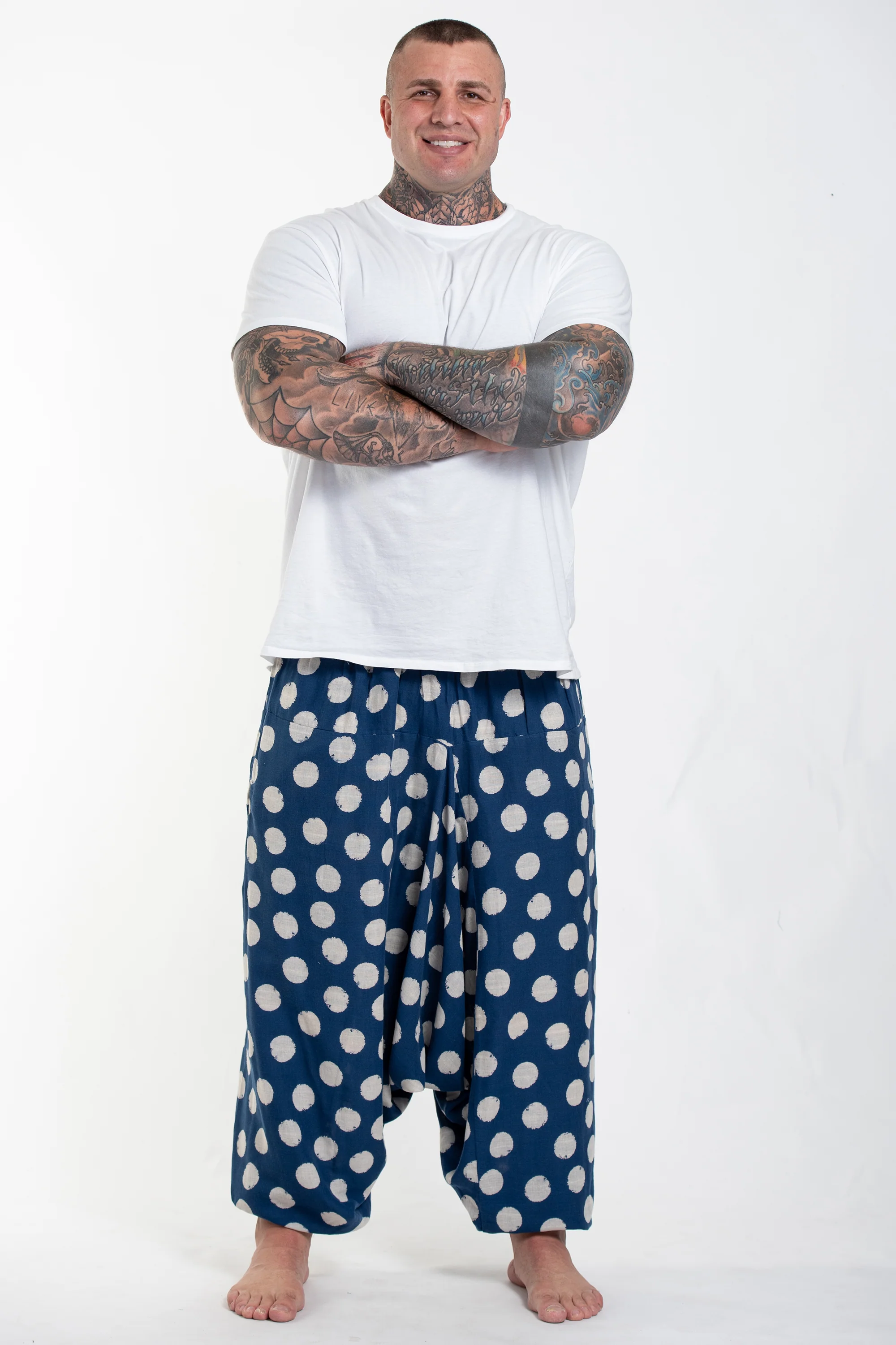 Plus Size Polkadot Prints Men's Low Cut Cotton Harem Pants in Indigo