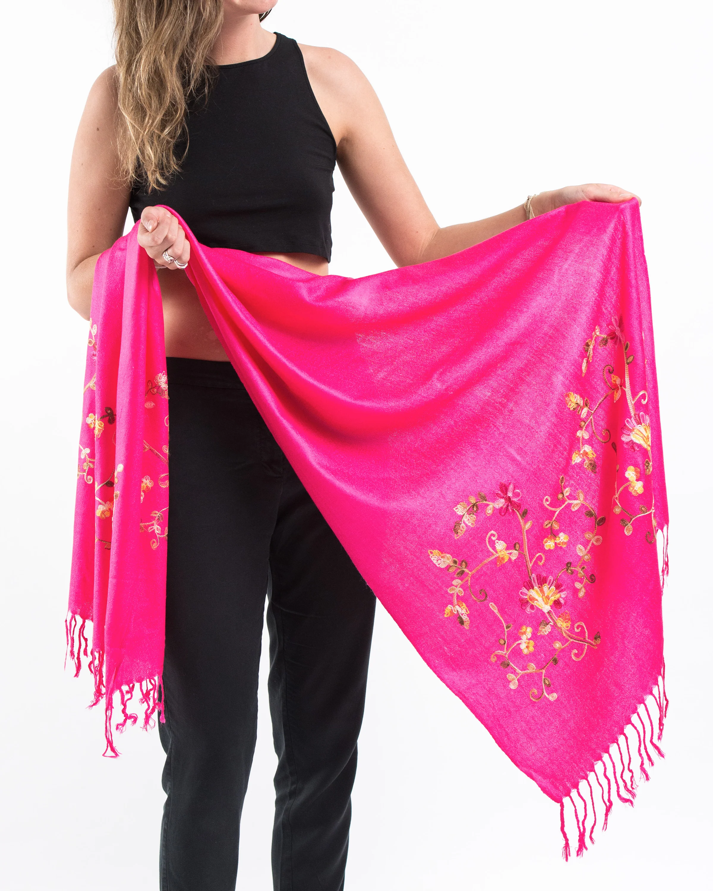 Nepal Floral Embroidered Pashmina Shawl Scarf in Pink