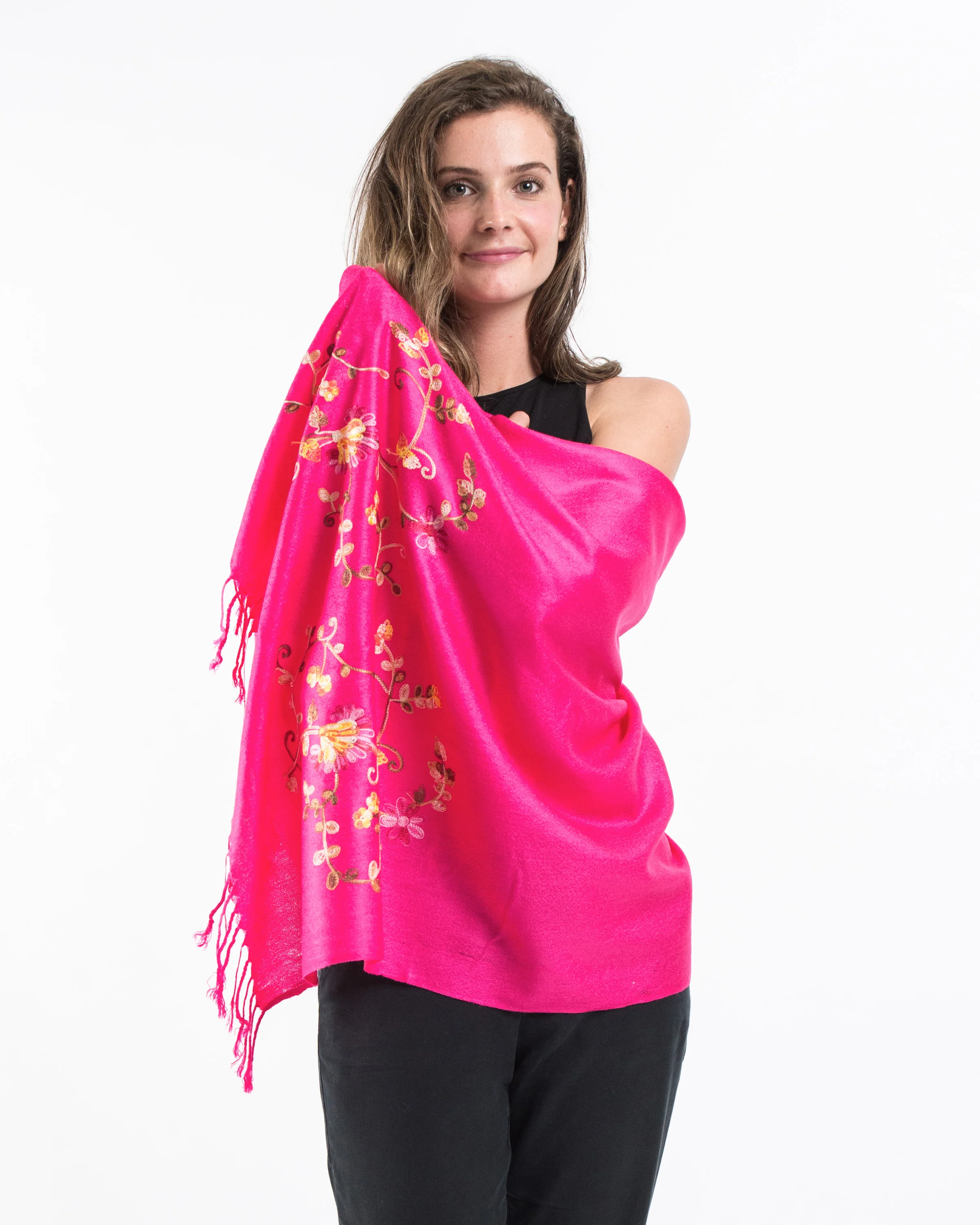 Nepal Floral Embroidered Pashmina Shawl Scarf in Pink