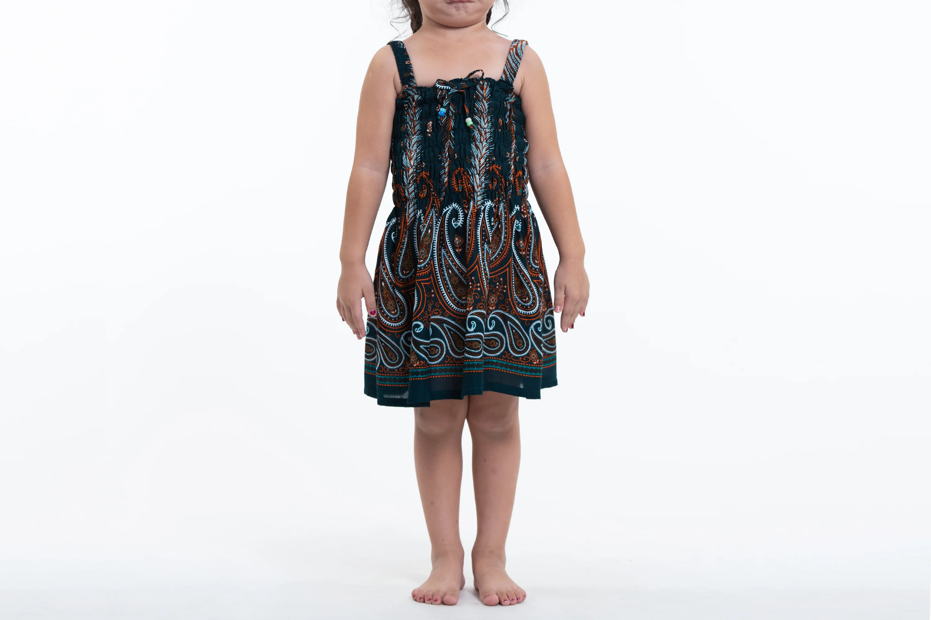 Kids Paisley Feathers Smock Dress in Green