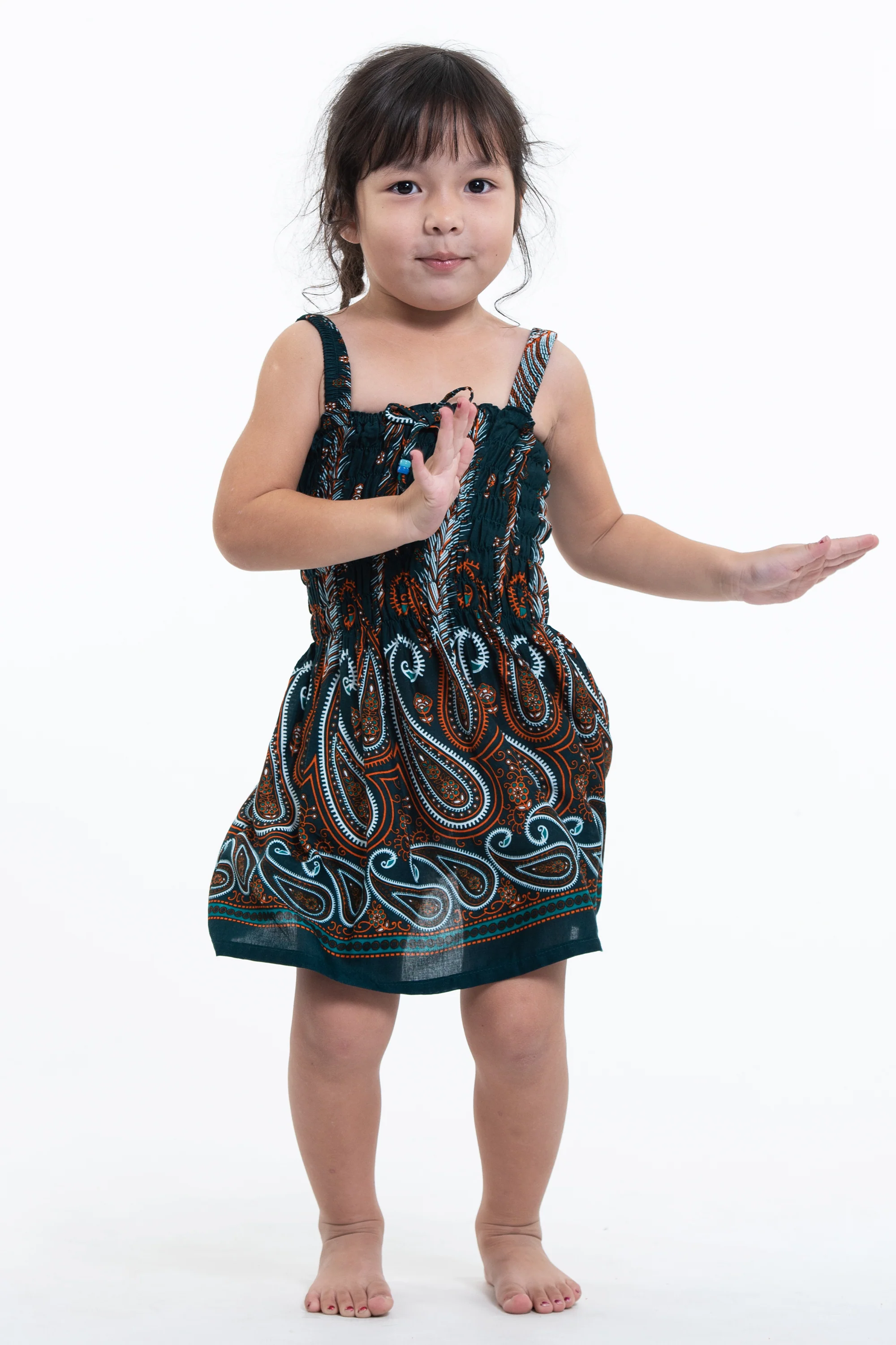 290-Kids-Paisley-Feathers-Smock-Dress-in-Green-3.webp Kids Paisley Feathers Smock Dress in Green